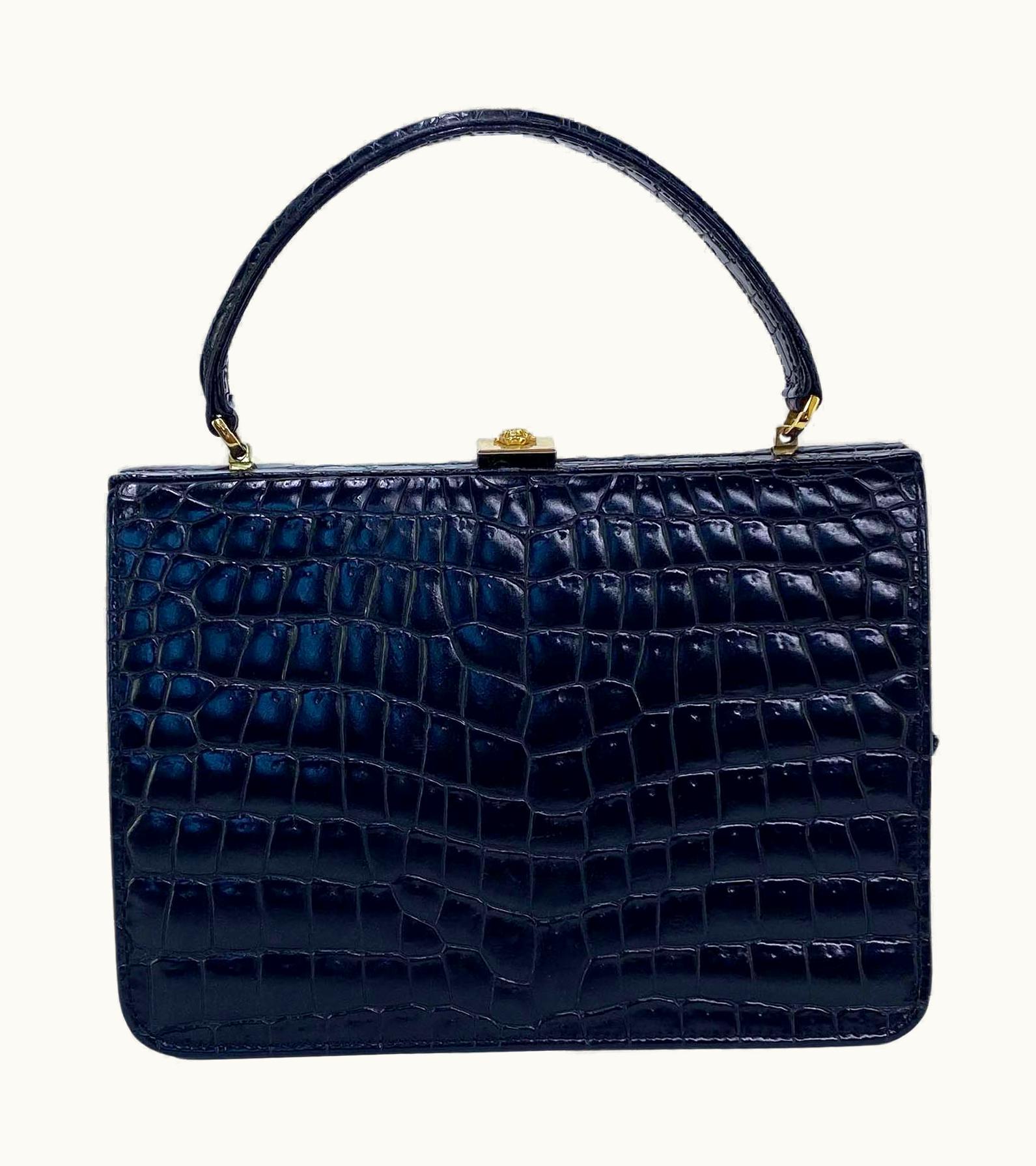 Gianni Versace Couture 1990s Gianni Versace Couture Embossed Crocodile Black Leather Top Handle Bag