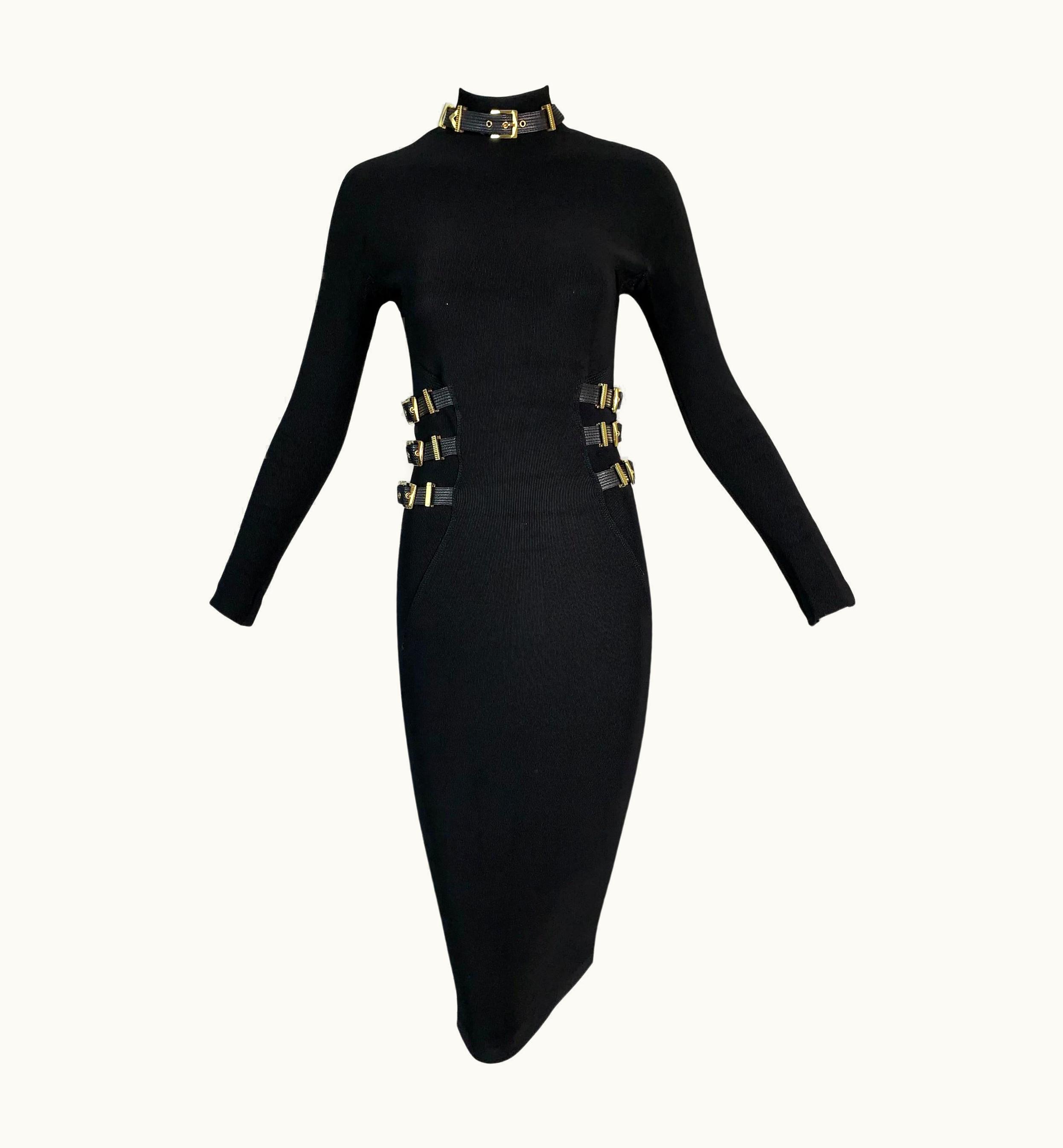 Gianni Versace Couture AW 1992 Gianni Versace Bondage Black Buckles Bodycon Stretch Wiggle Dress