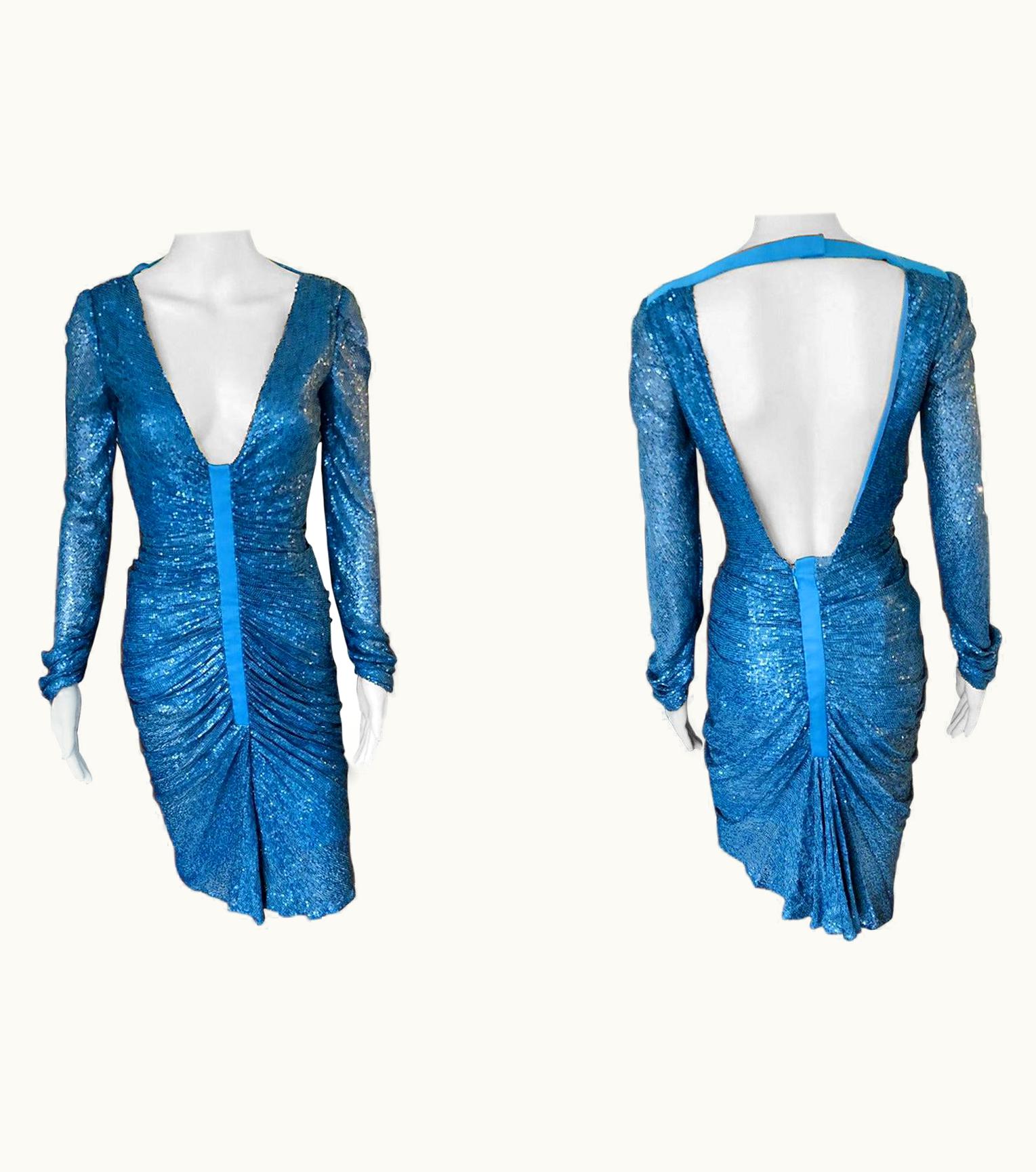 Gianni Versace Couture Gianni Versace S/S 2001 Runway Blue Sequin Embellished Cutout Back Dress Gown