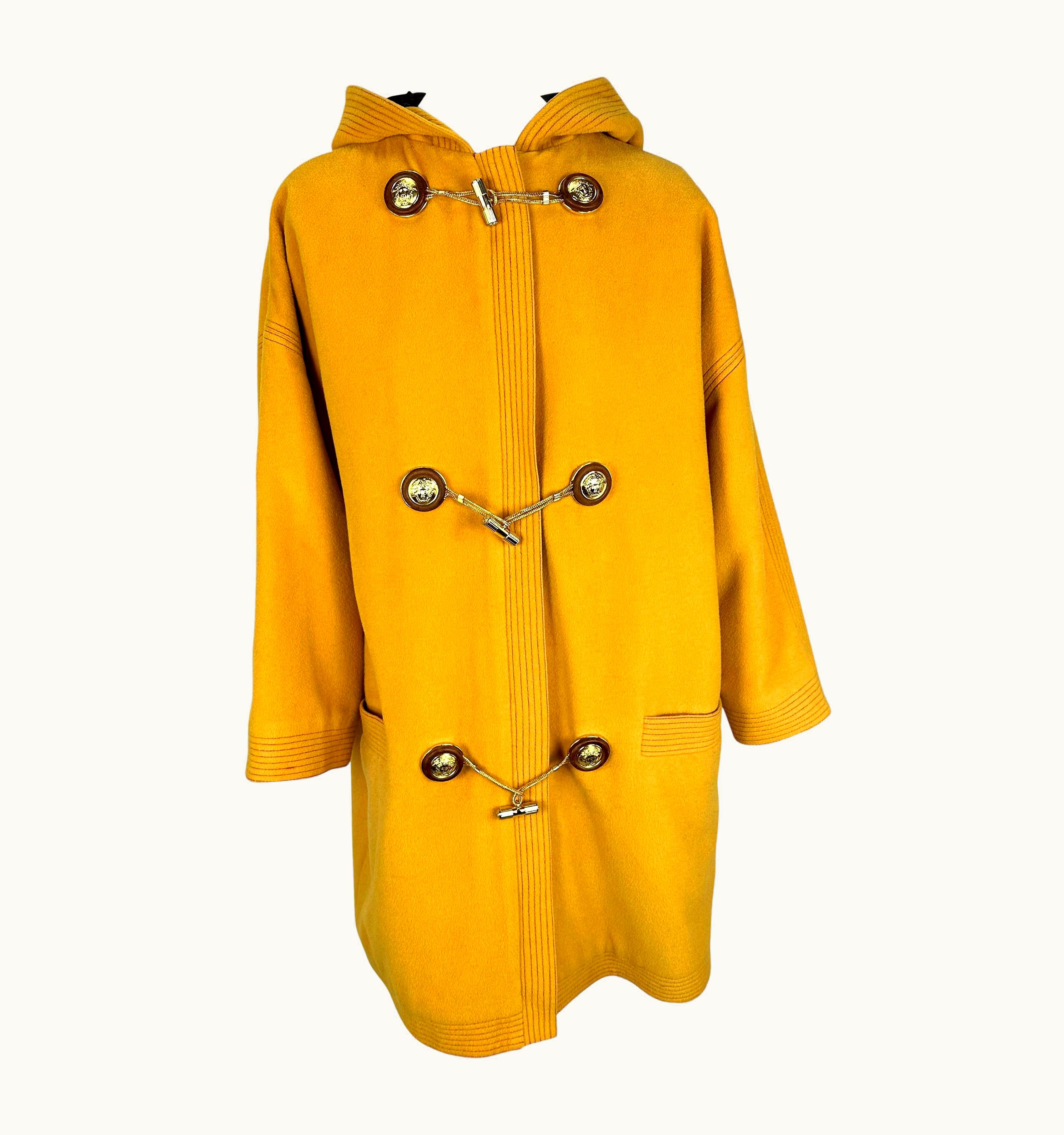 Gianni Versace Couture AW 1992 Gianni Versace Medusa Mustard Yellow Wool Oversized Toggle Coat