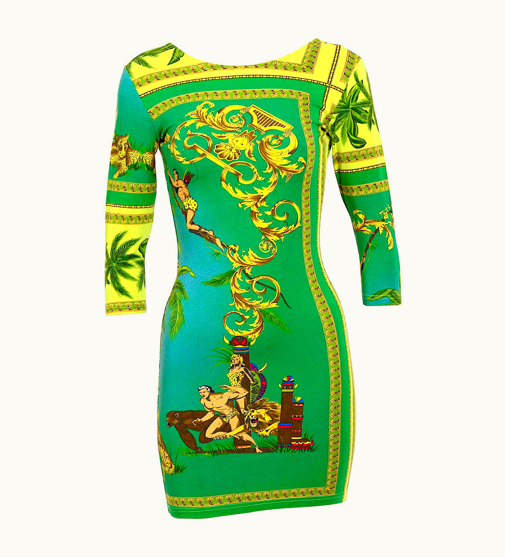 Versace Versace Jeans Couture Vintage 1990s Stretch Tarzan & Jane Jungle Print Dress