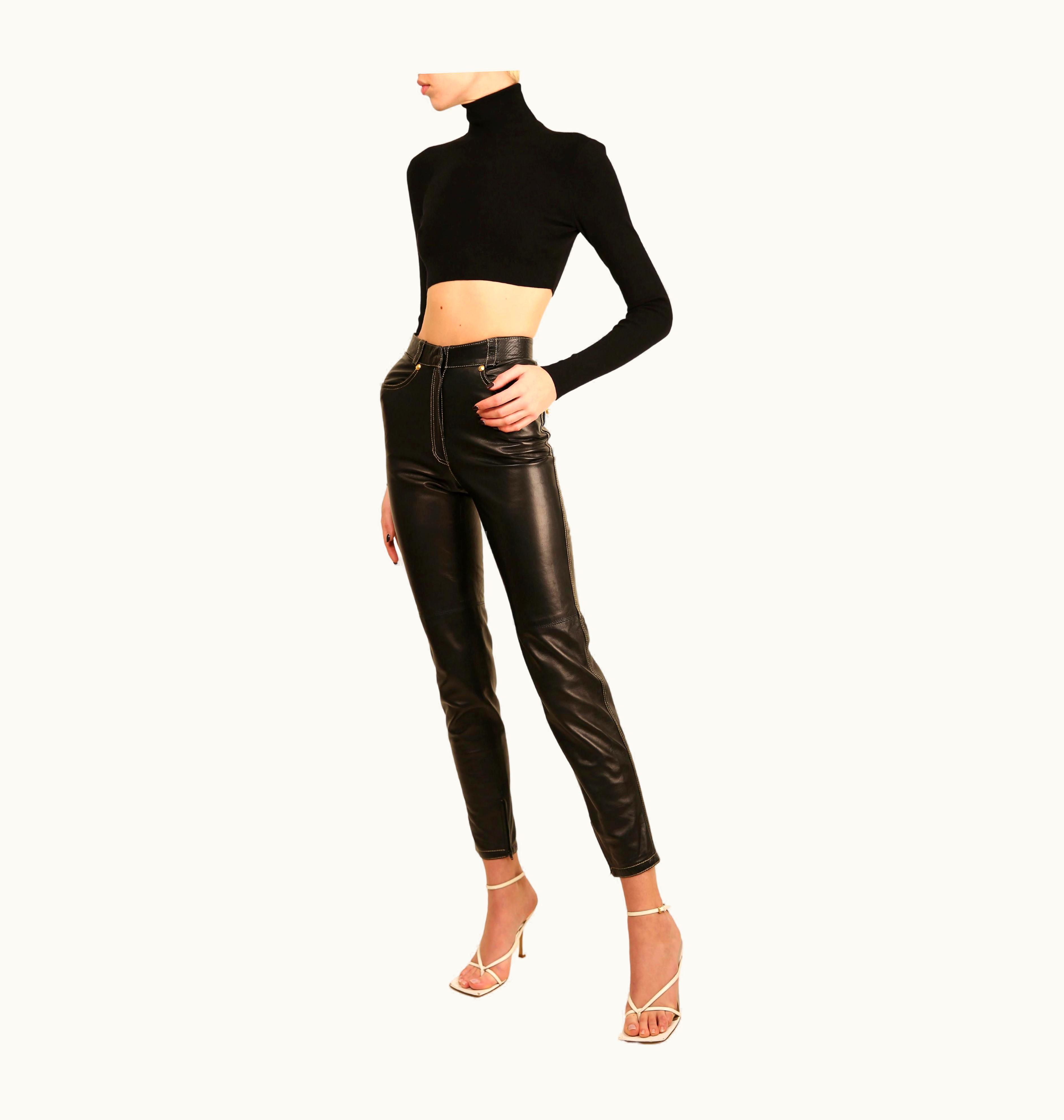 Gianni Versace Couture Gianni Versace 1992 Black High Waisted Leather Gold Stitched Medusa Pants