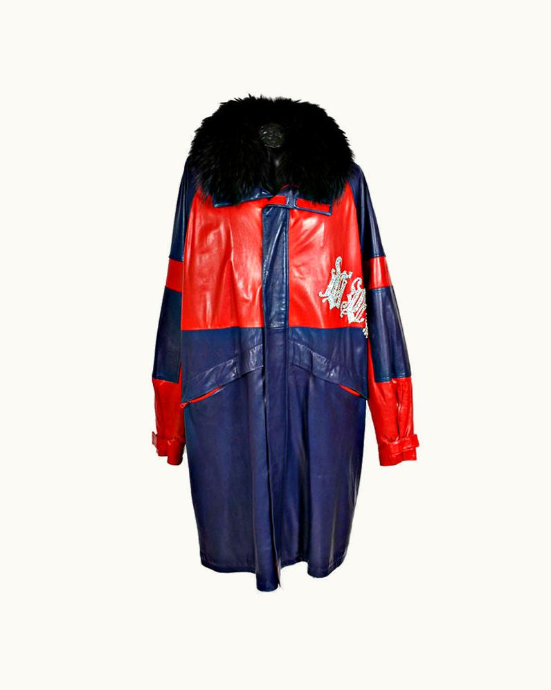 Gianni Versace Couture 1996 Vintage Gianni Versace Leather Coat With Fox And Crystals For Men