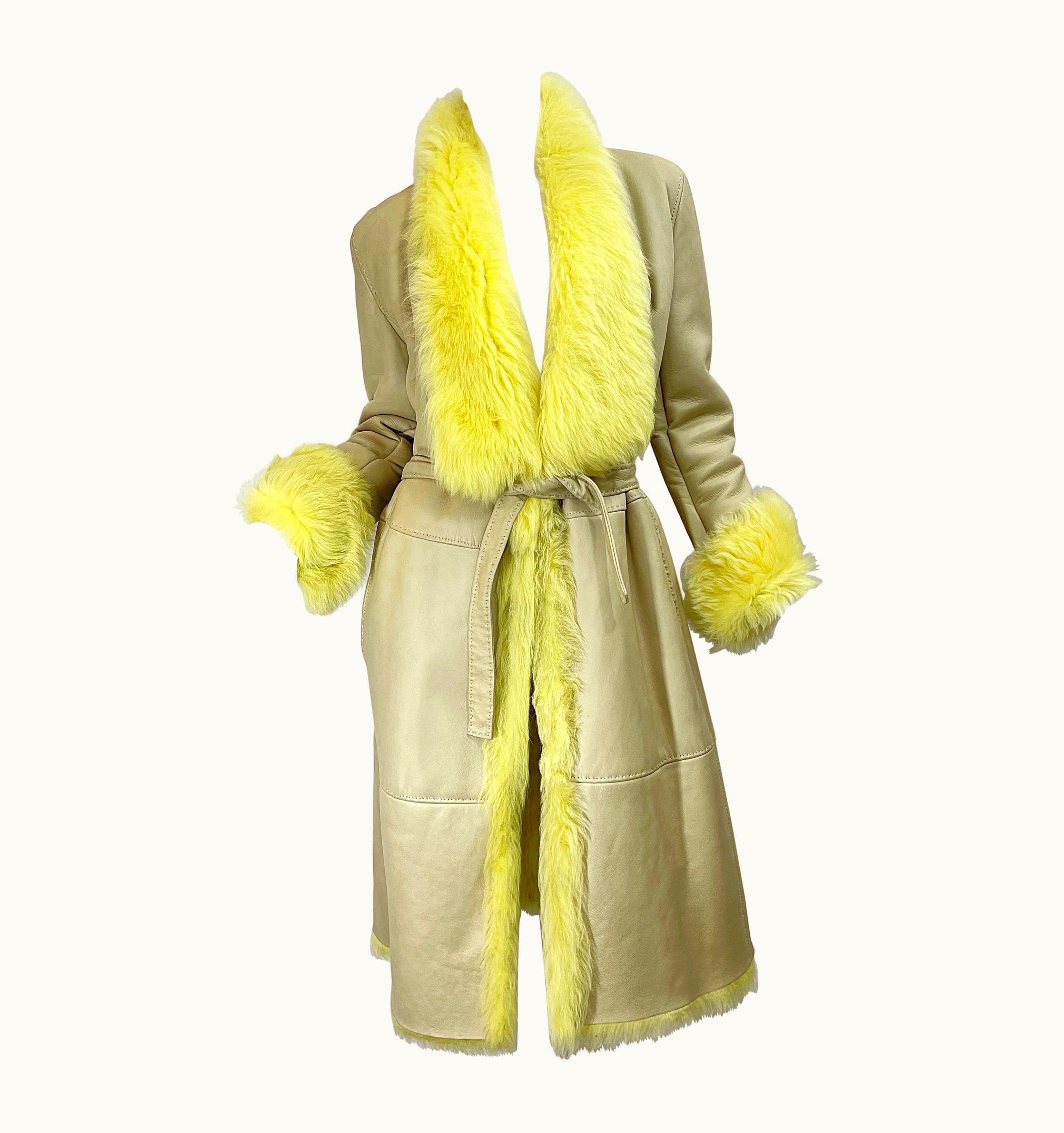 Gianni Versace Couture 1990s Gianni Versace Tan Leather Yellow Shearling Fur Vintage Trench Coat Jacket