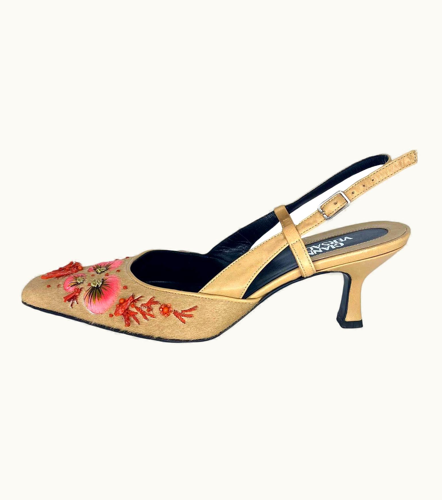 Gianni Versace Couture S/S 1999 Gianni Versace By Donatella Coral Beaded Embroidered Pony Hair Heels