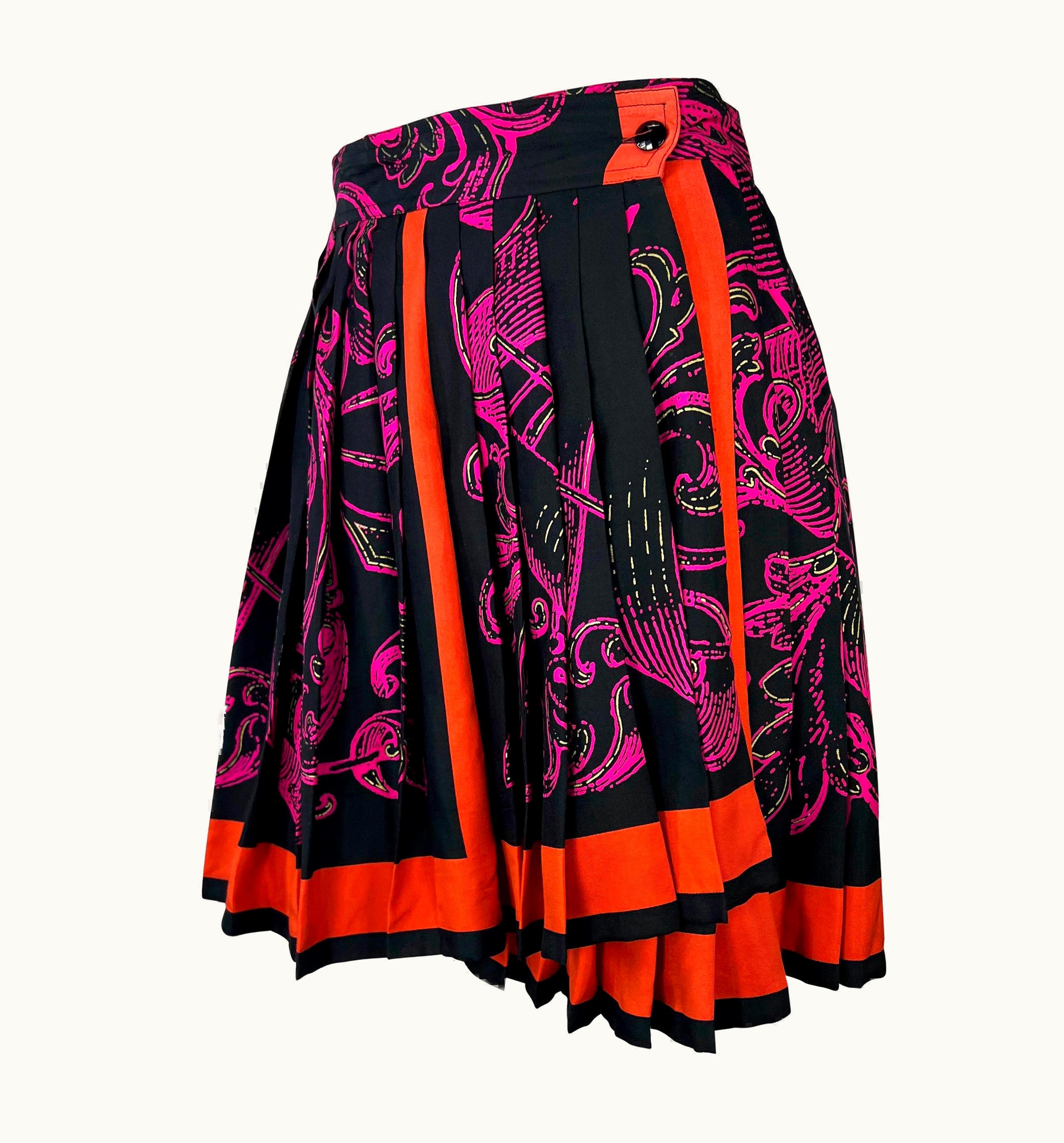 Gianni Versace Couture 1990s Gianni Versace Pleated Silk Black Pink Baroque Print Flare Wrap Skirt