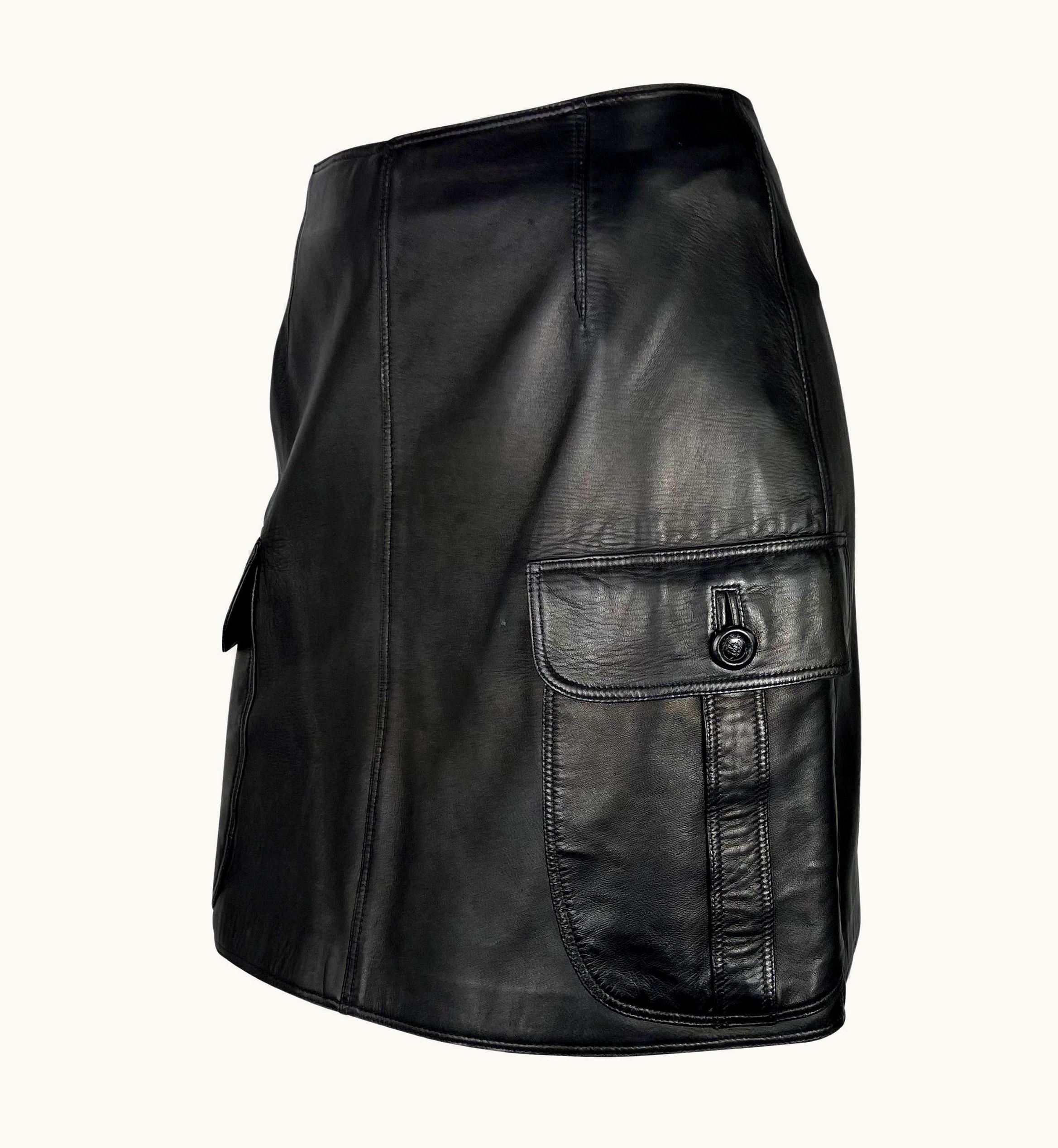 Gianni Versace Couture AW 1996 Gianni Versace Runway Black Leather Medusa Pocket Mini Skirt