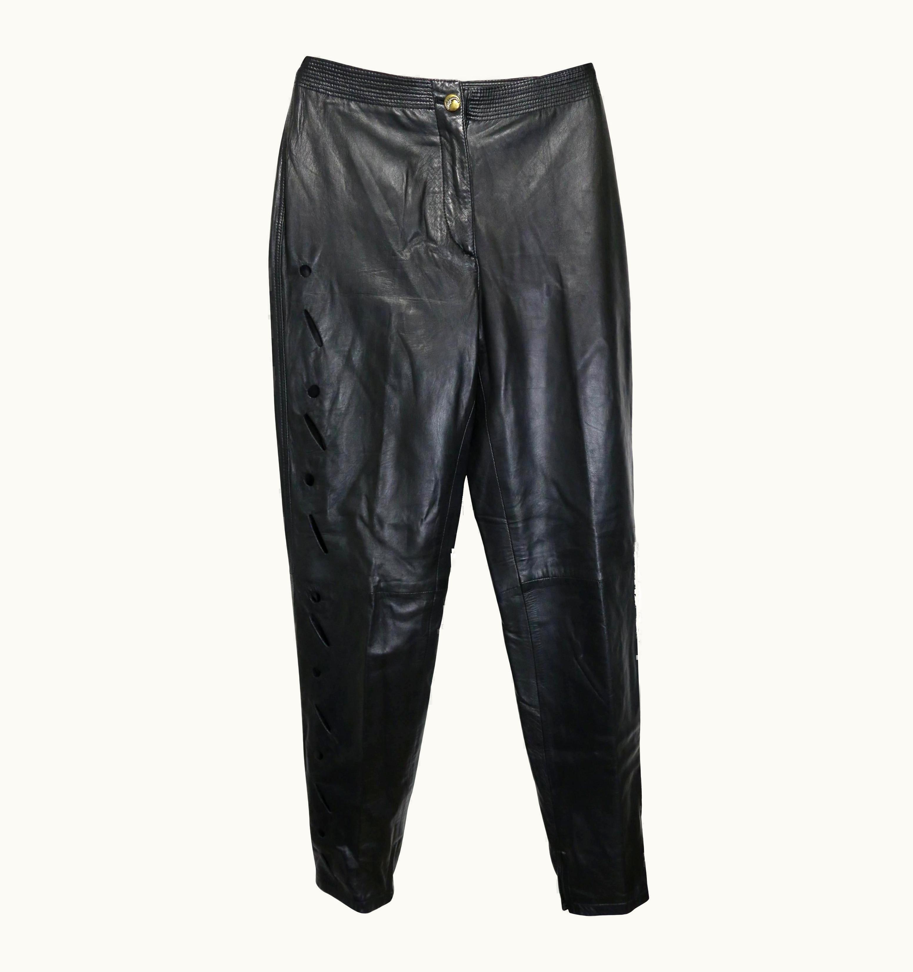Gianni Versace Couture Vintage Istante By Gianni Versace Black Leather With Cutout Pattern Pants