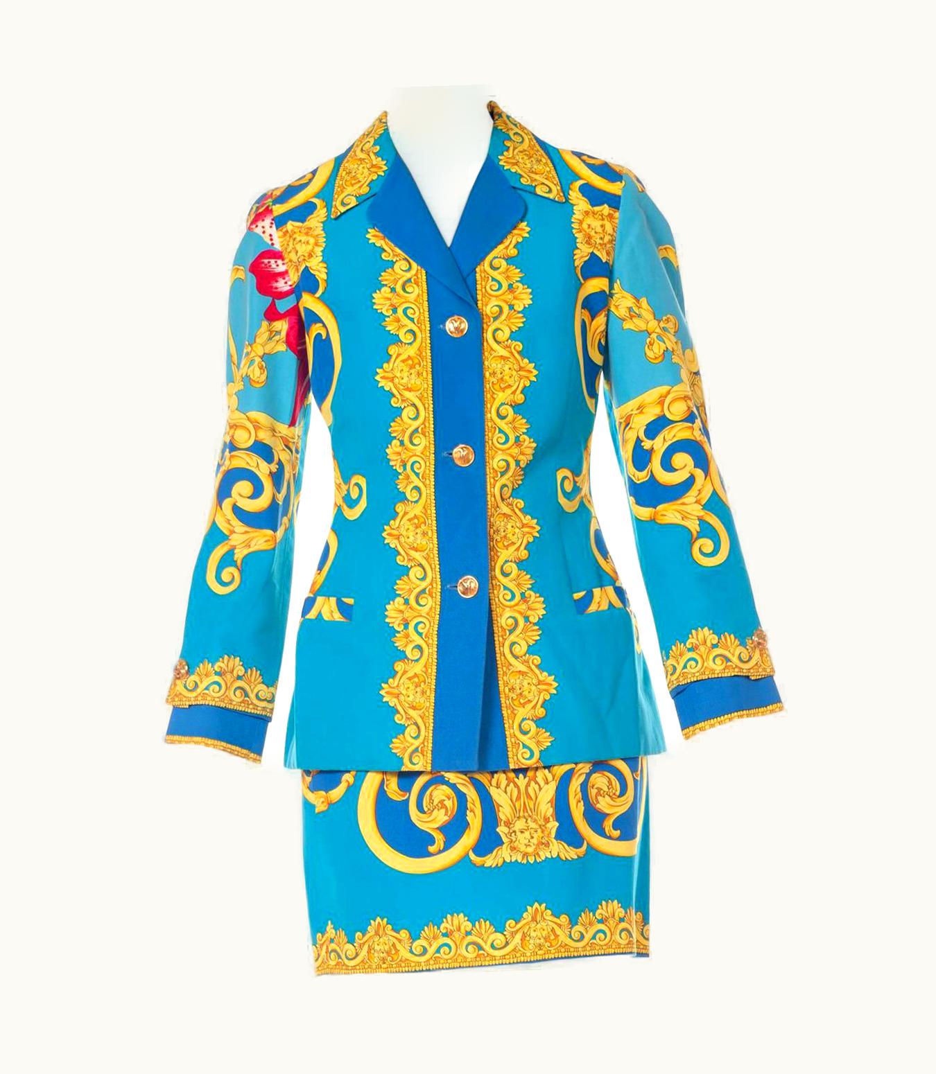 Gianni Versace Couture 1990s Gianni Versace Istante Cotton Baroque Floral Printed Skirt Suit With Gold