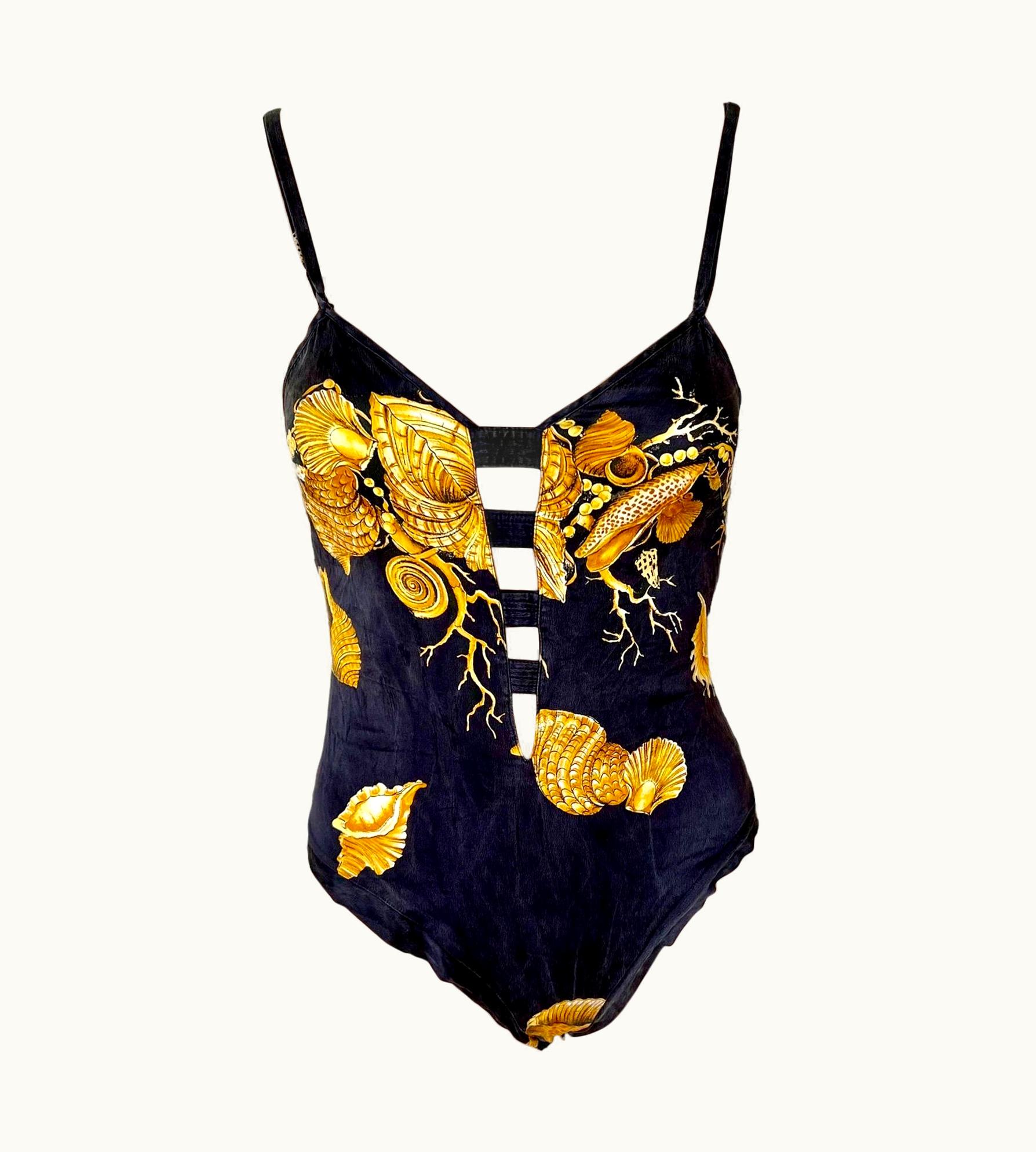 Gianni Versace Couture Gianni Versace S/S 1992 Vintage Plunging Baroque Print Sheer Lace Bodysuit Top