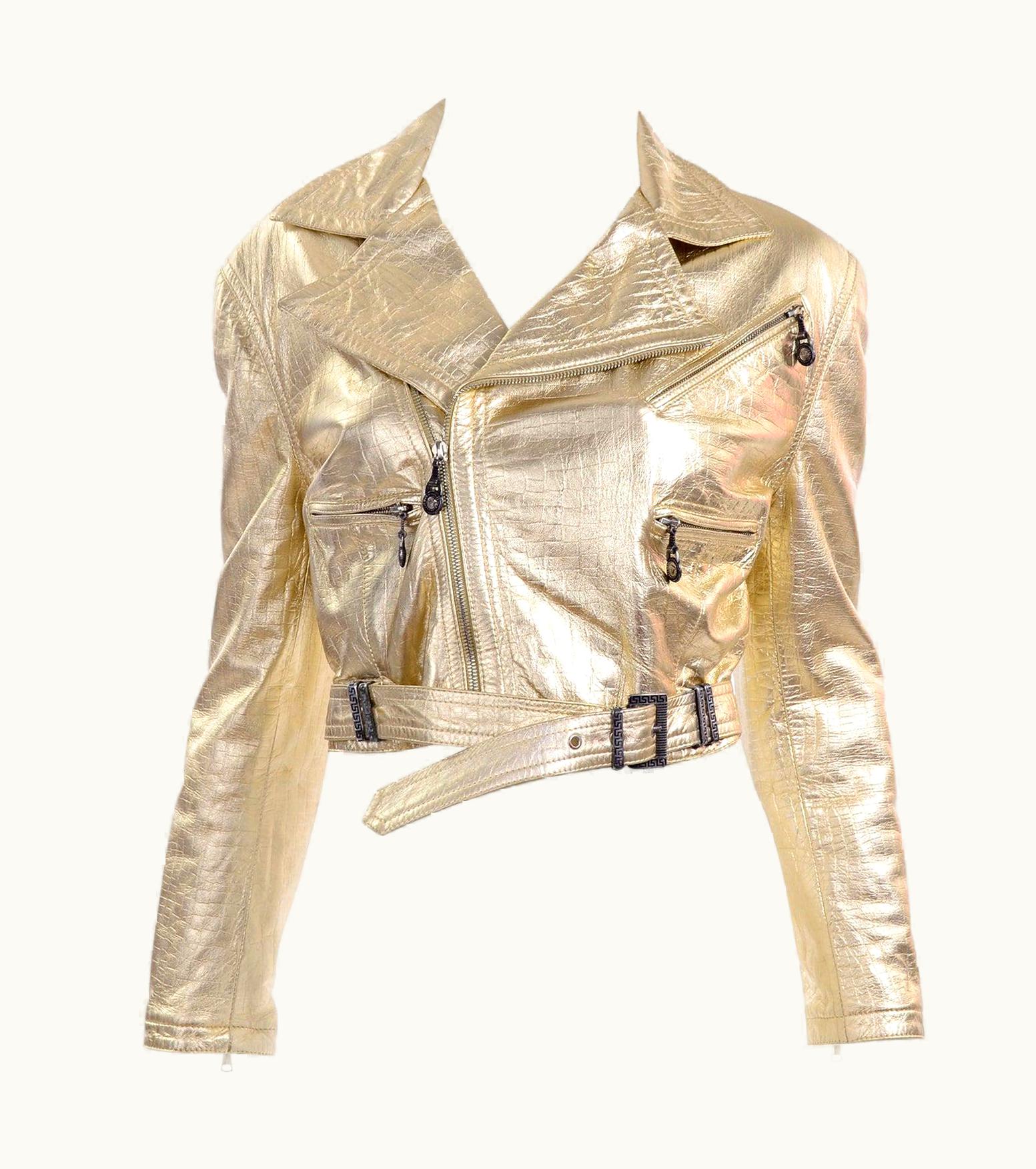 Gianni Versace Couture Gianni Versace AW 1994 95 Runway Vintage Embossed Gold Cropped Moto Jacket