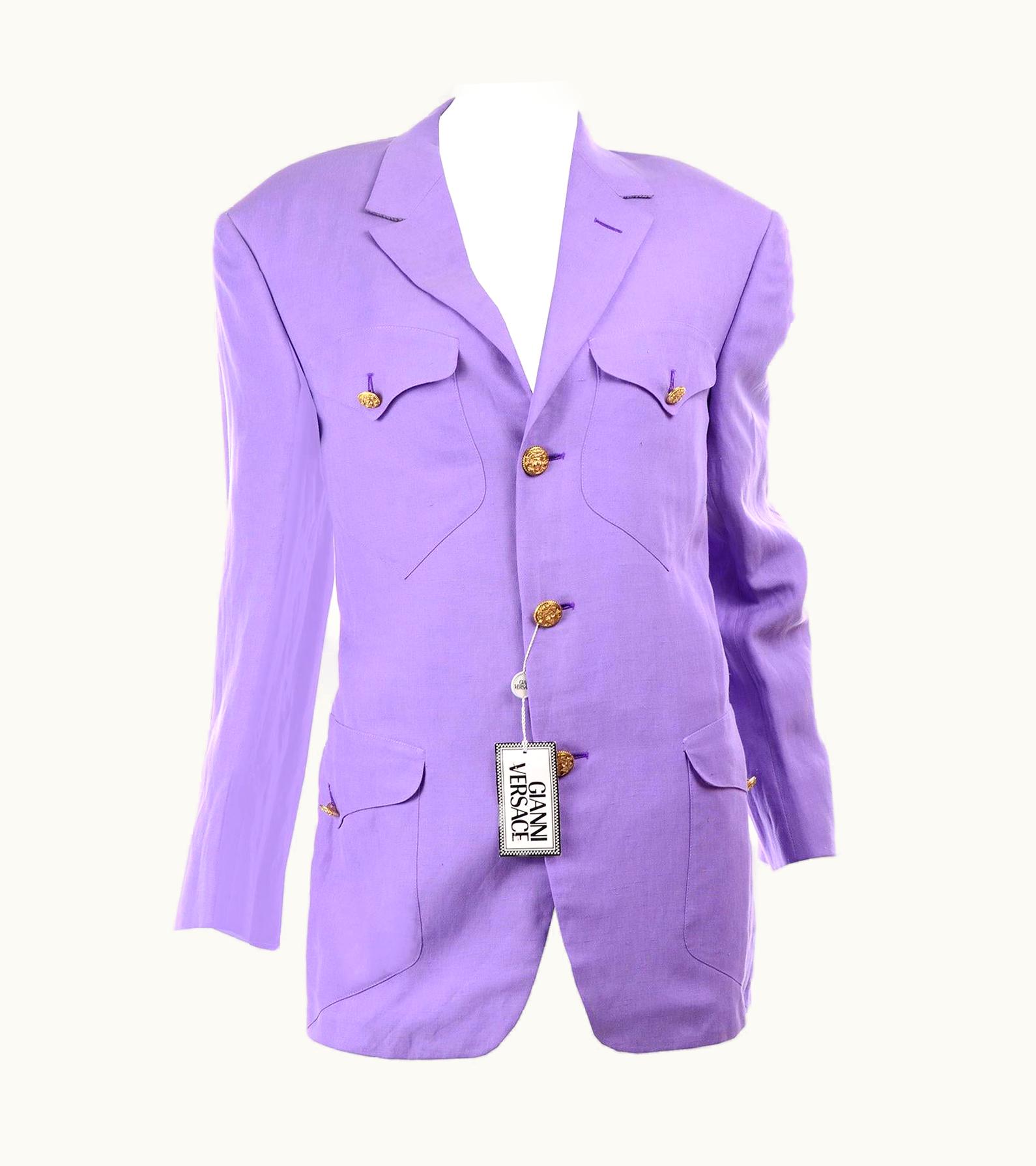 Gianni Versace Couture WS/S Tags 1993 Gianni Versace Mens Purple Linen & Silk Blazer Runway Jacket