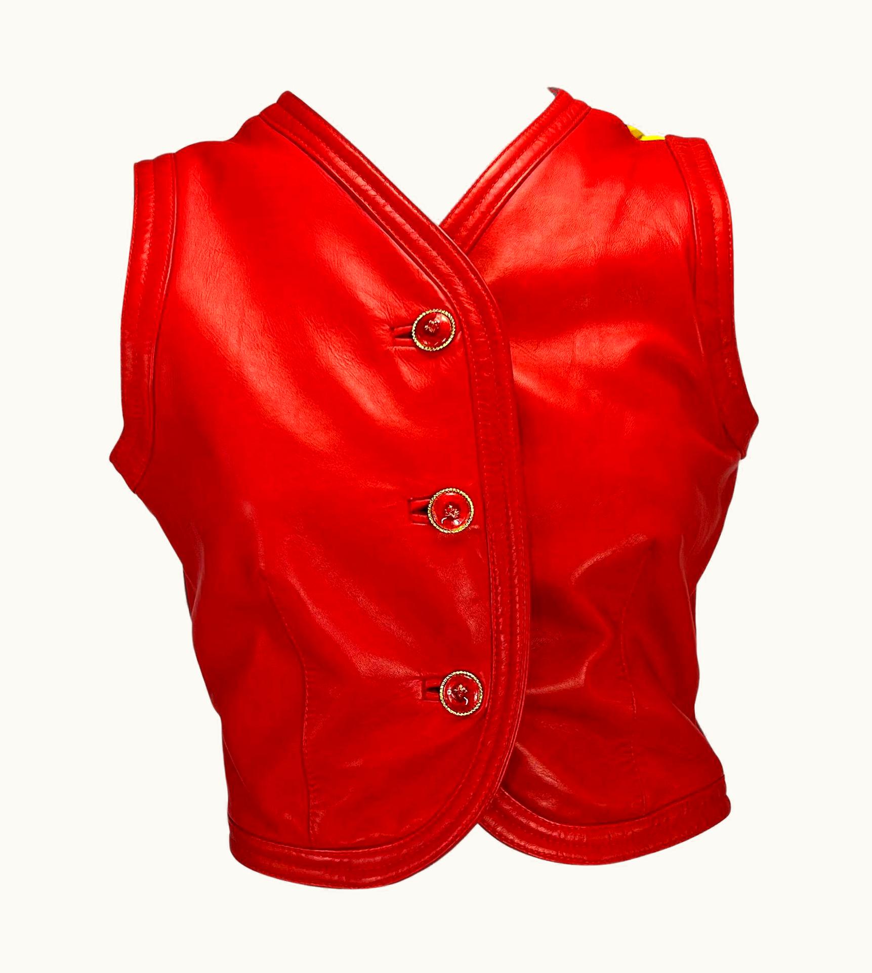 Gianni Versace Couture S/S 1993 Gianni Versace Couture Red Leather Yellow Silk Floral Medusa Vest