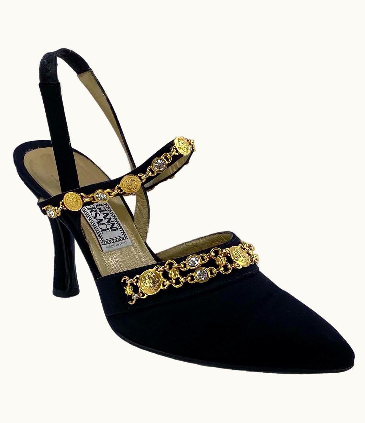 Gianni Versace Couture S/S 1995 Gianni Versace Medusa Gem Rhinestone Chain Medallion Black Satin Heels