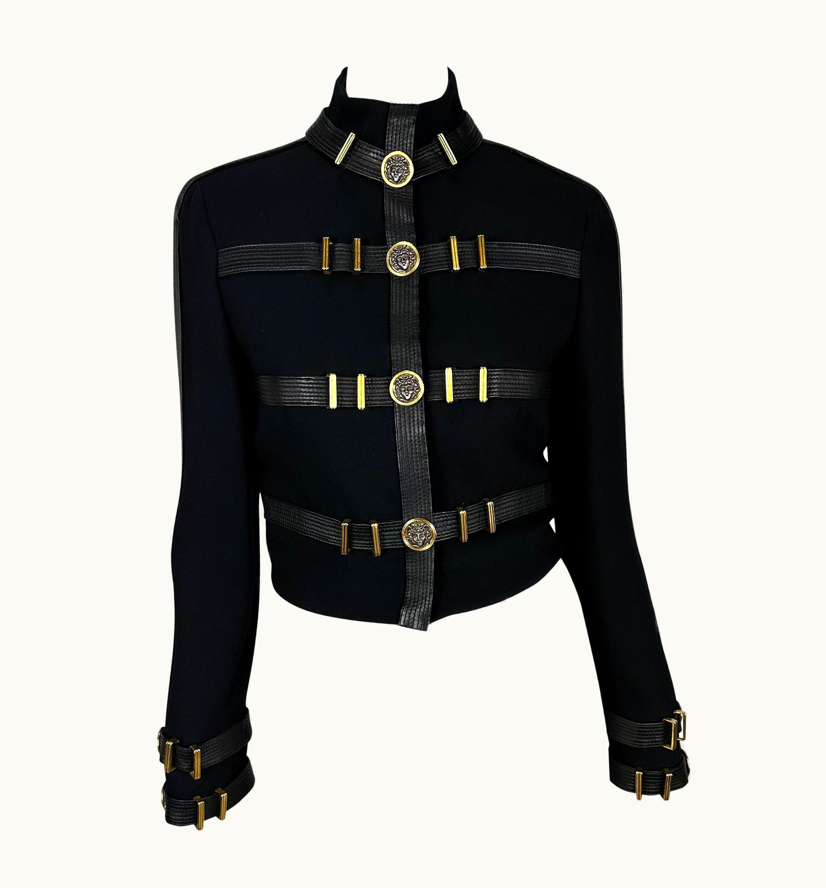 Gianni Versace Couture AW 1992 Gianni Versace Black Wool And Leather Bondage Buckle Cropped Jacket