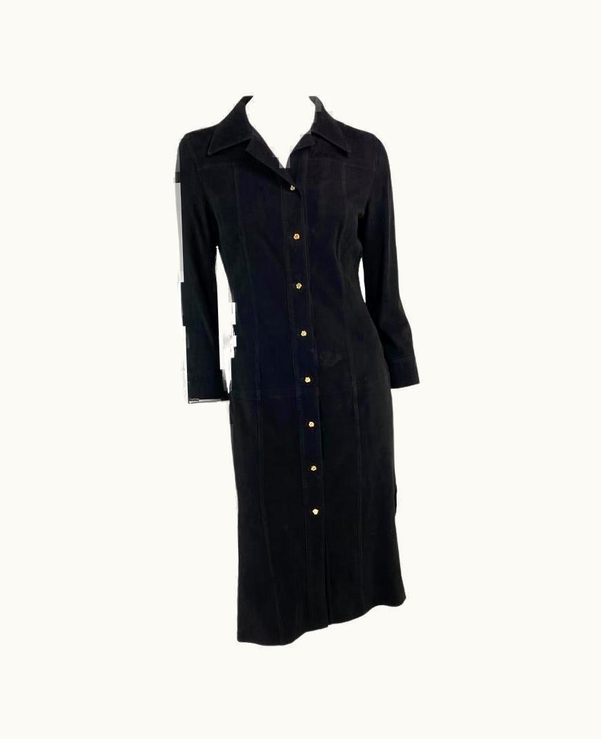 Gianni Versace Couture S/S 2000 Gianni Versace By Donatella Black Suede Medusa Button Up Dress