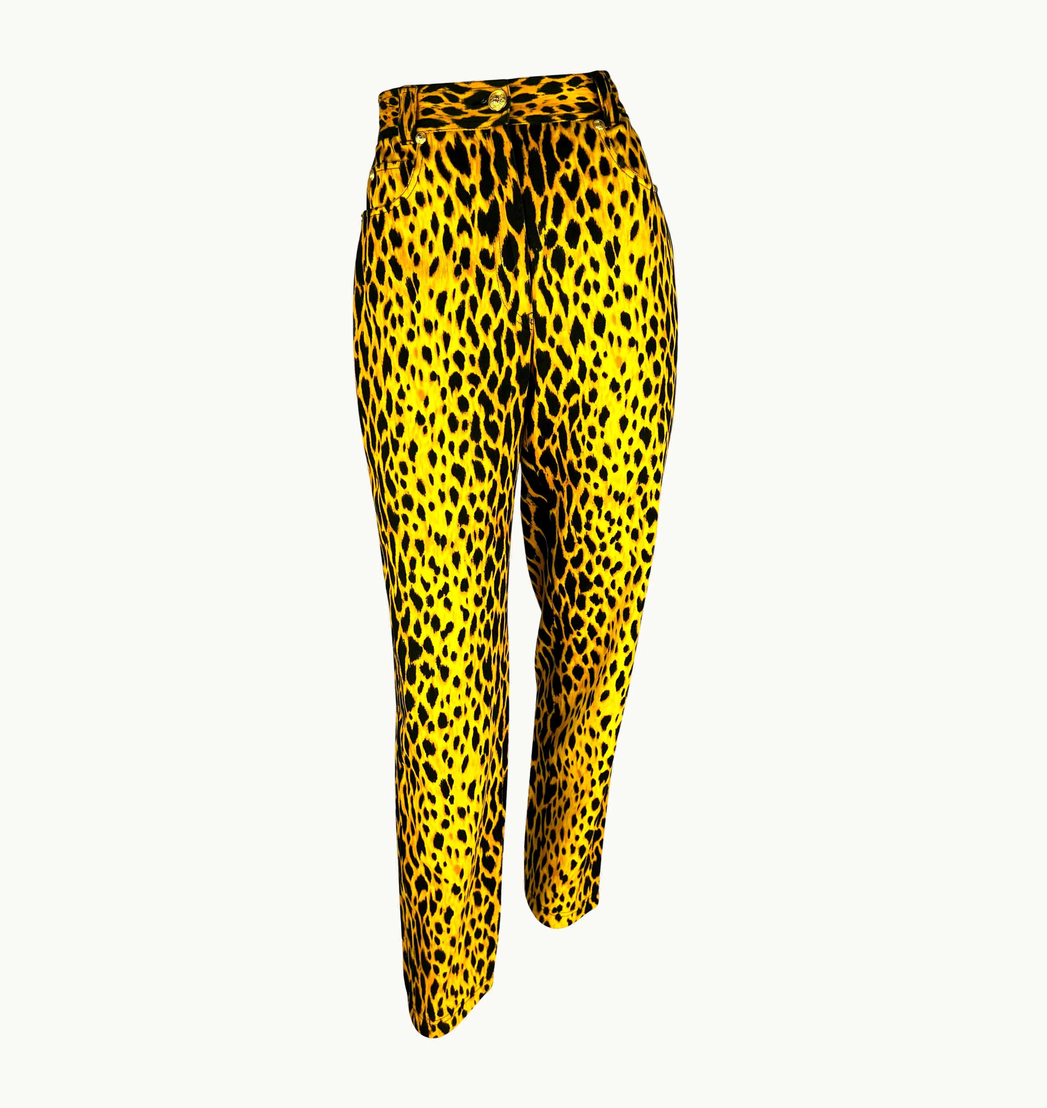 Gianni Versace Couture S/S 1992 Gianni Versace Runway Cheetah Print Yellow Black Cotton Stretch Jeans UZ0578305