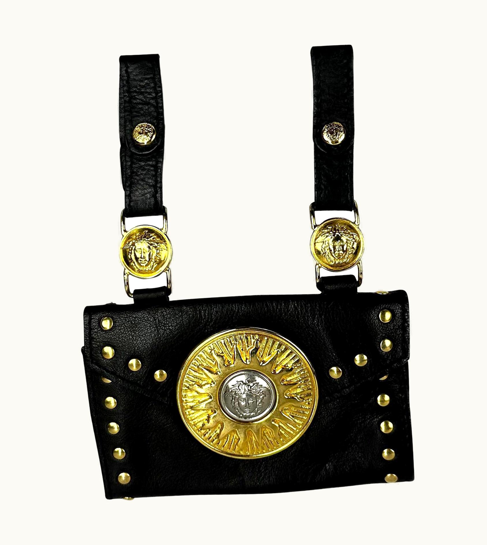 Gianni Versace Couture AW 1994 Gianni Versace Black Leather Gold Stud Medusa Sunburst Mini Belt Bag