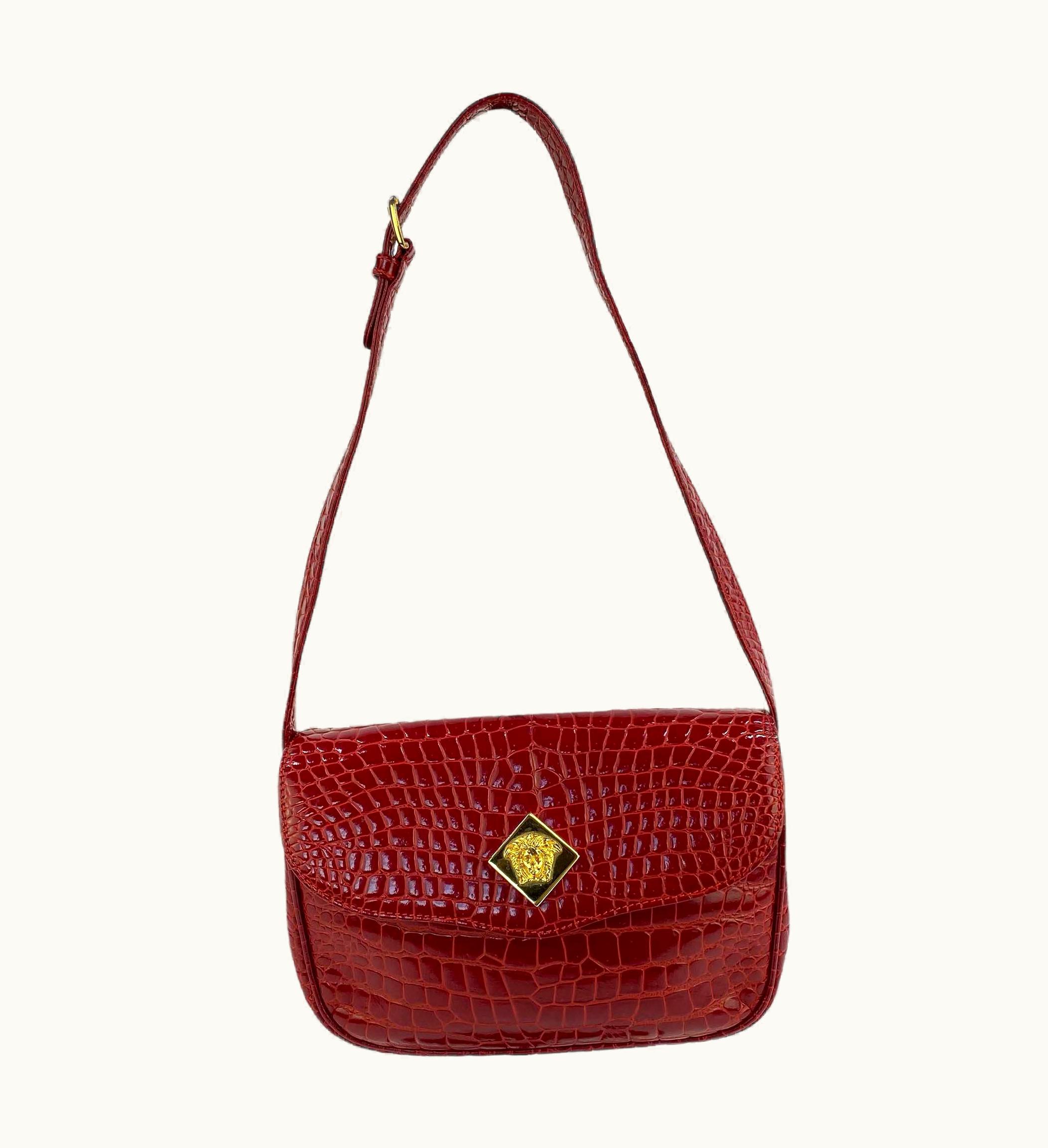 Gianni Versace Couture AW 1996 Gianni Versace Cherry Red Croc Embossed Medusa Shoulder Bag