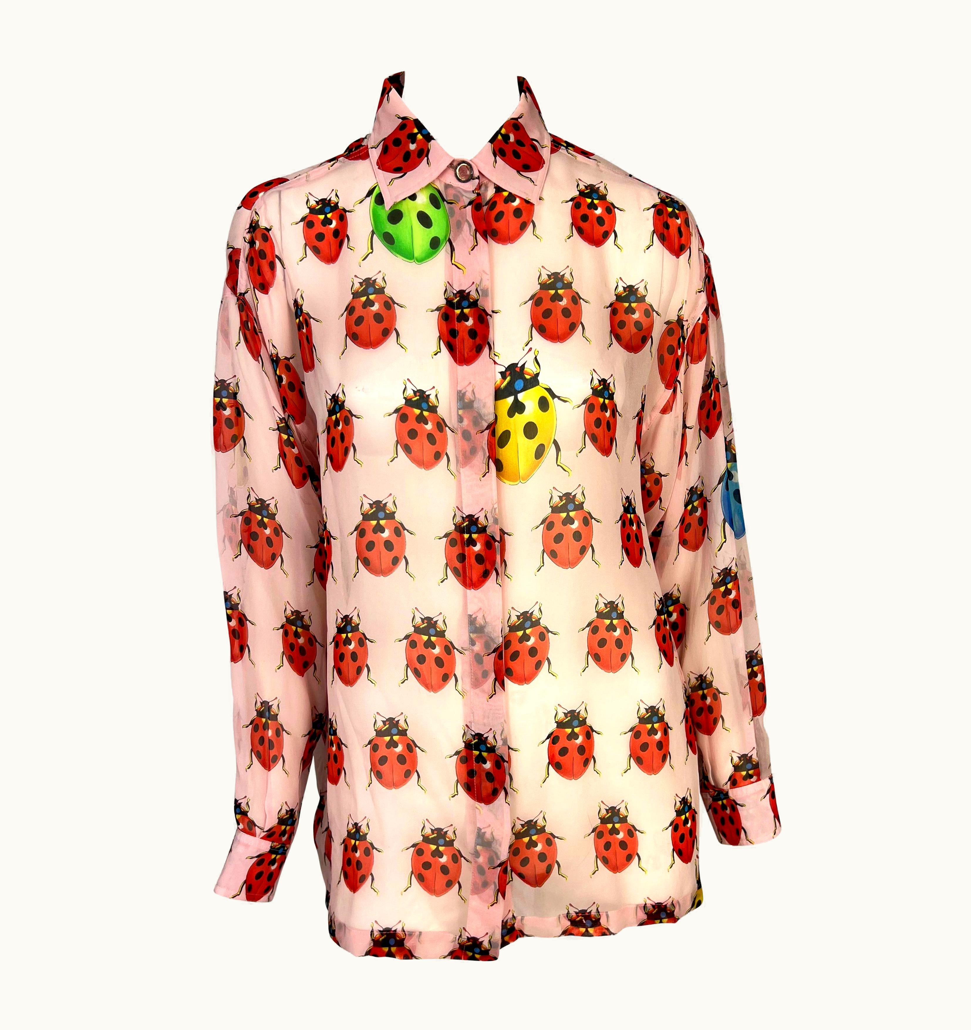 Gianni Versace Couture S/S 1995 Gianni Versace Couture Sheer Pink Ladybug Print Medusa Button Blouse