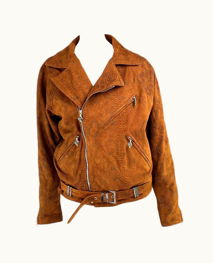 Gianni Versace Couture AW 1994 Gianni Versace Python Print Brown Suede Medusa Zip Biker Jacket