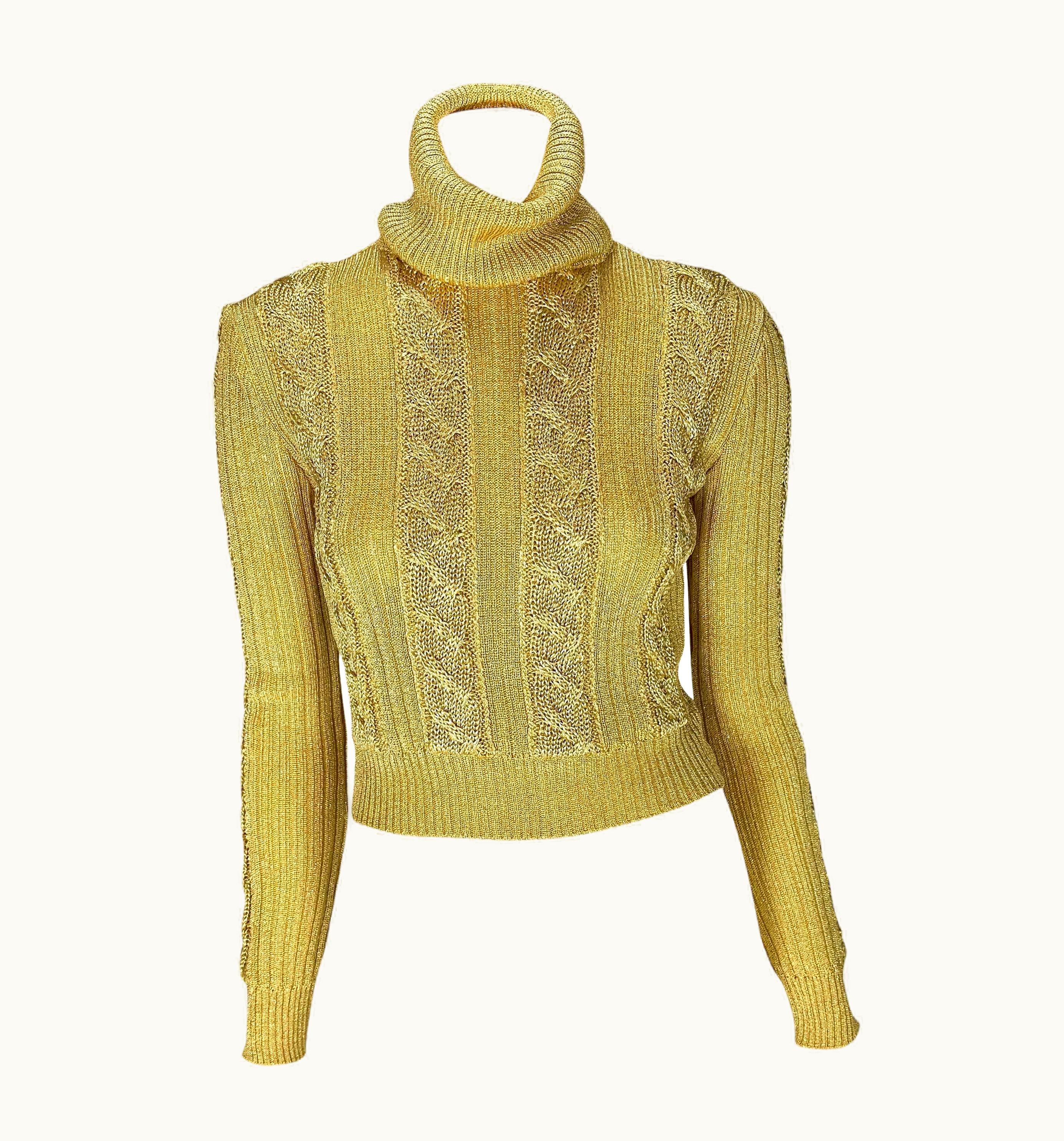 Gianni Versace Couture AW 1994 Gianni Versace Ad Runway Gold Metallic Cable Knit Turtleneck Sweater