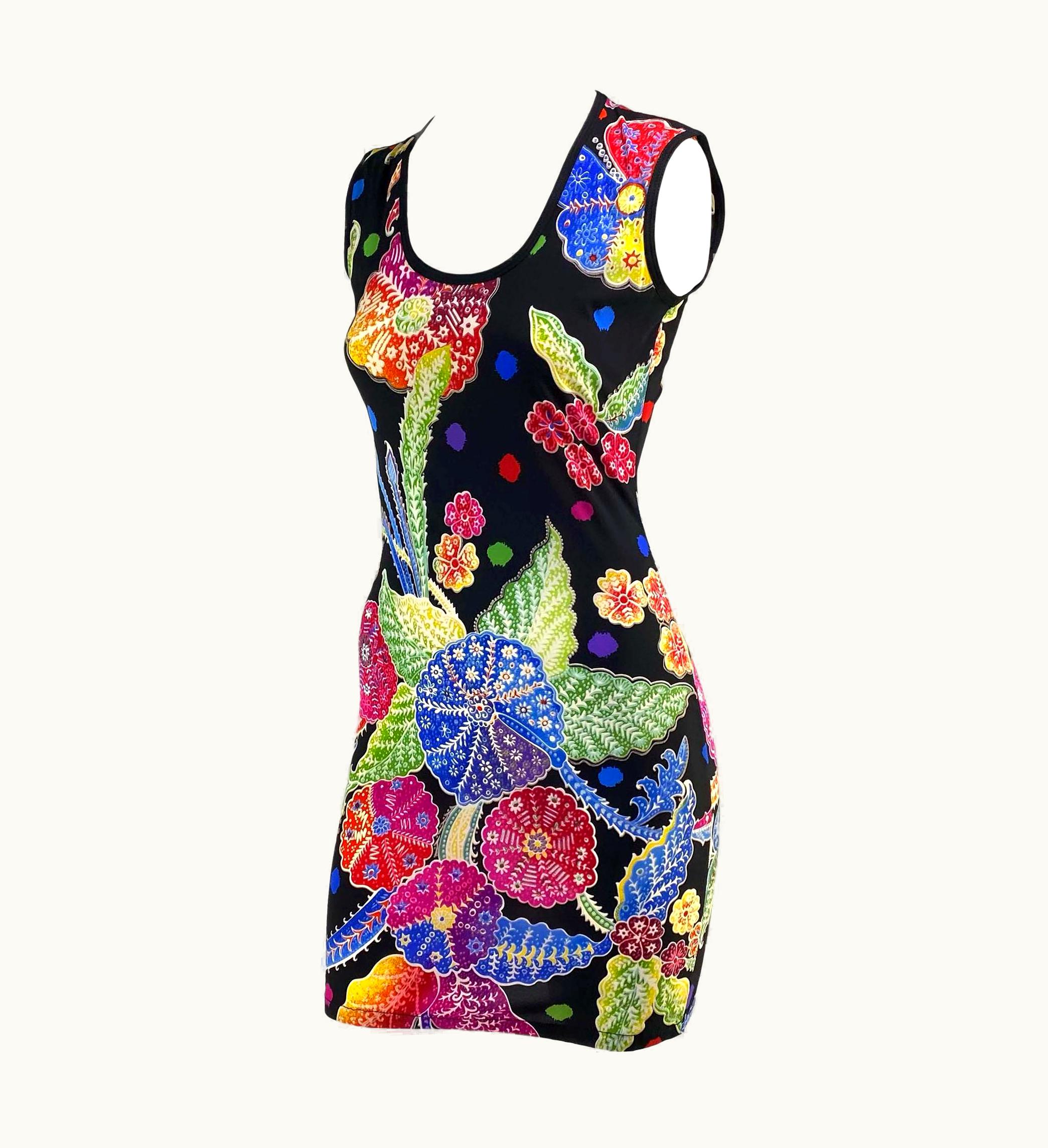 Gianni Versace Couture AW 1993 Gianni Versace Couture Black Multicolor Floral Stretch Sleeveless Dress