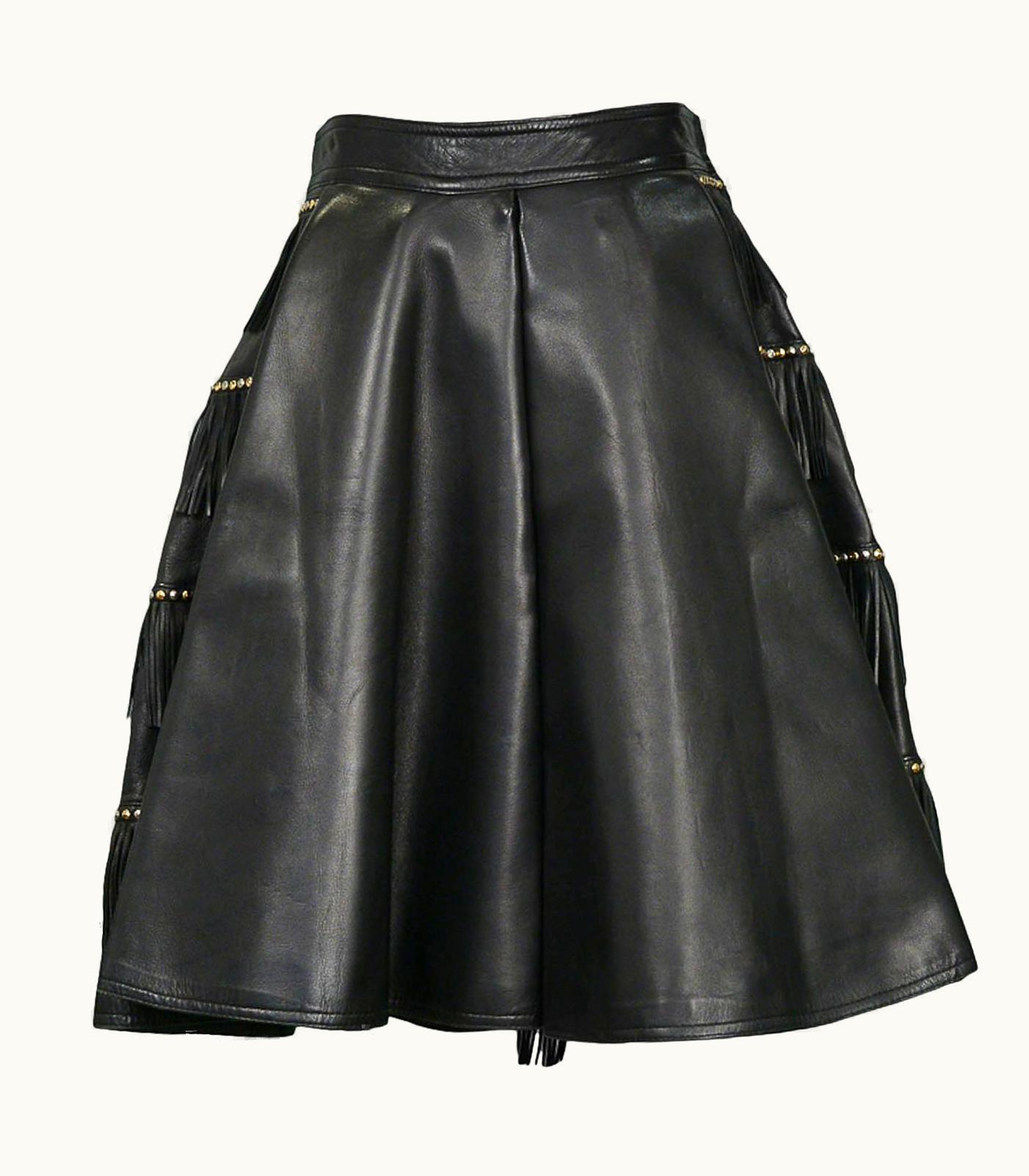 Gianni Versace Couture Vintage Gianni Versace Black Leather Fringe Studded Skirt AW 1992