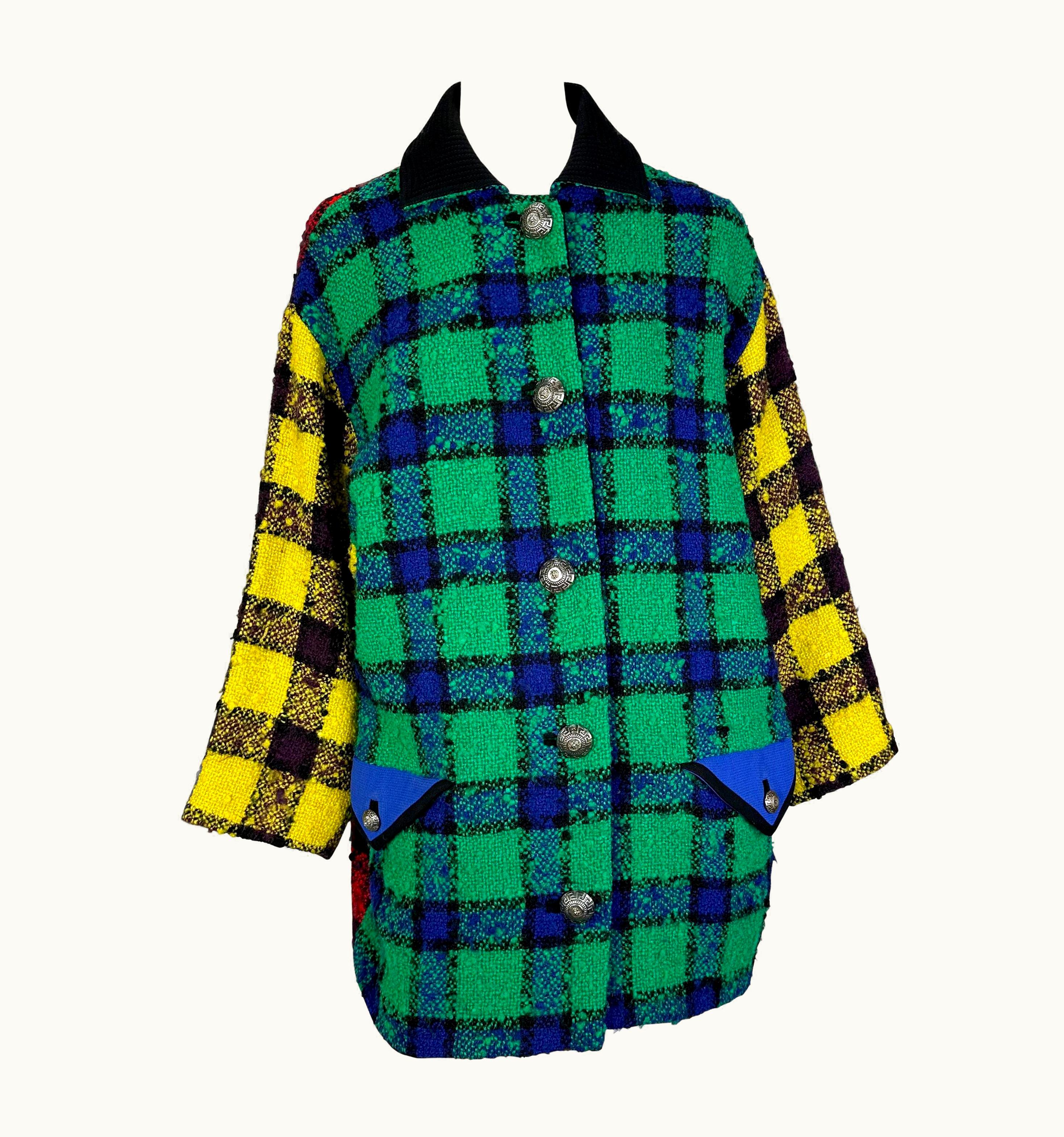 Gianni Versace Couture AW 1991 Gianni Versace Couture Green Yellow Oversized Plaid Tweed Coat