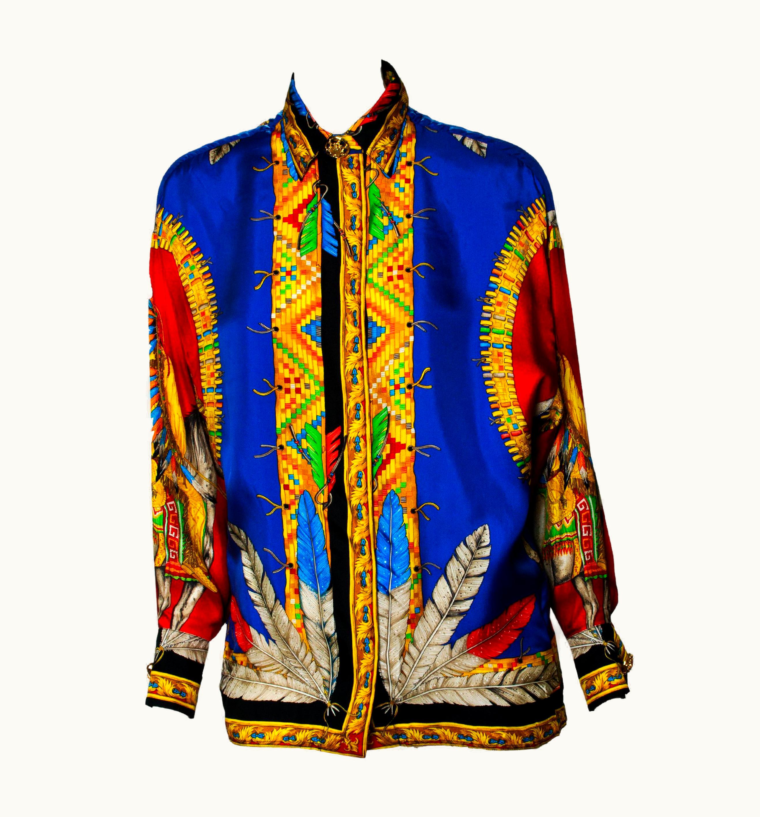 Gianni Versace Couture AW 1992 Gianni Versace Silk Collared Shirt Atelier Native American Print