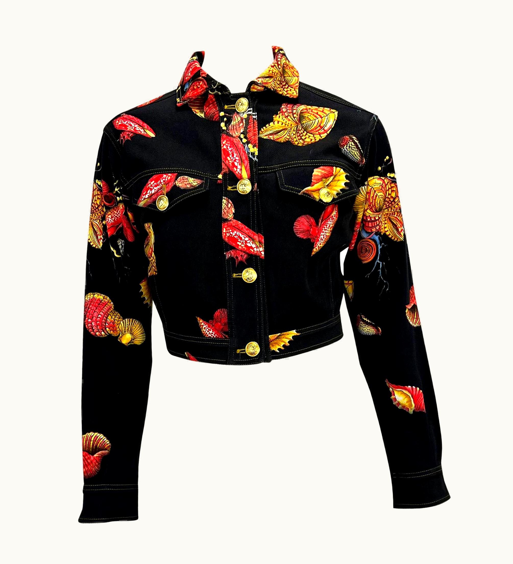 Gianni Versace Couture S/S 1992 Gianni Versace Seashell Print Black Denim Medusa Cropped Runway Jacket
