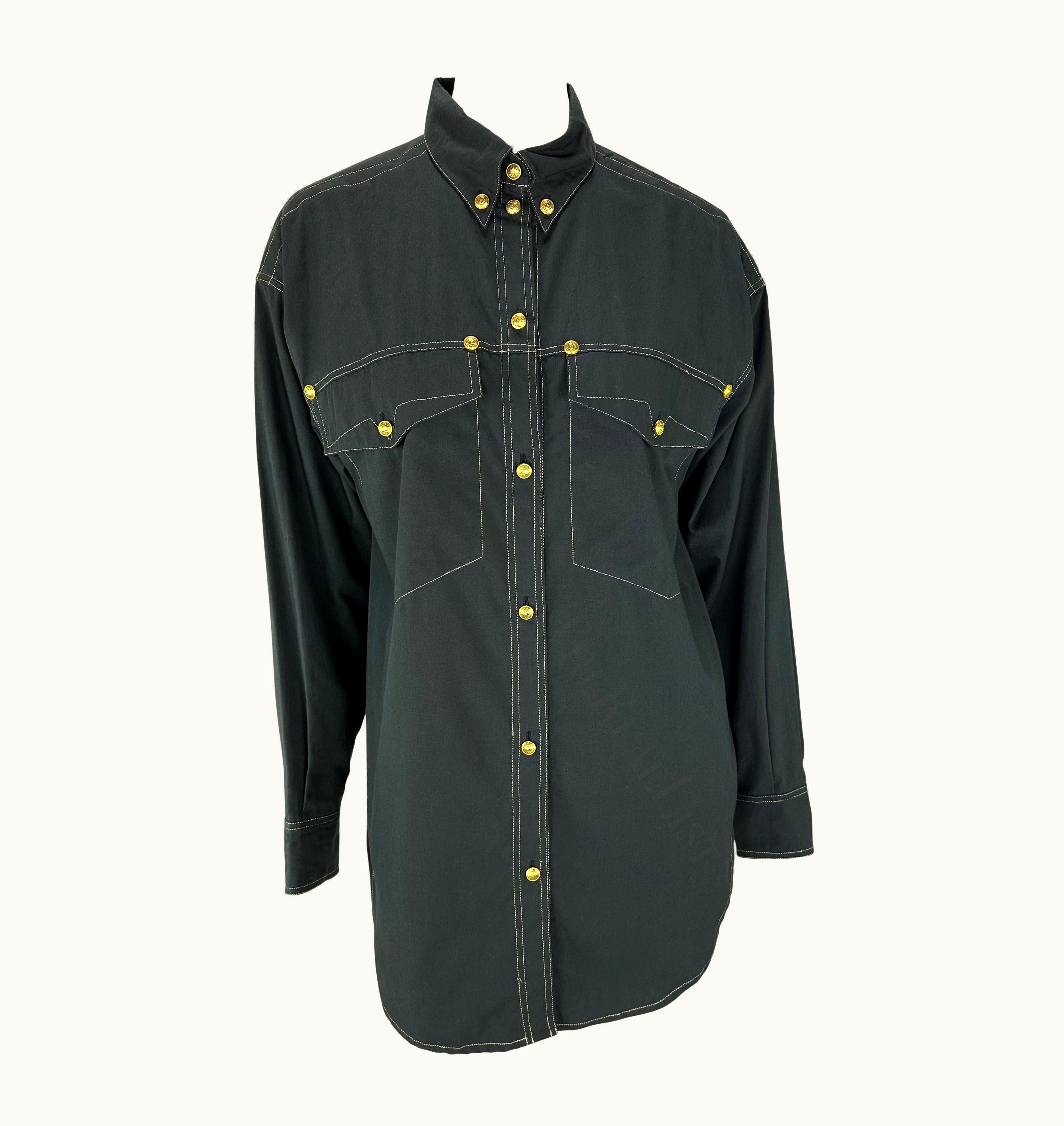 Gianni Versace Couture AW 1992 Gianni Versace Gold Medusa Logo Black Western Style Button Up Shirt