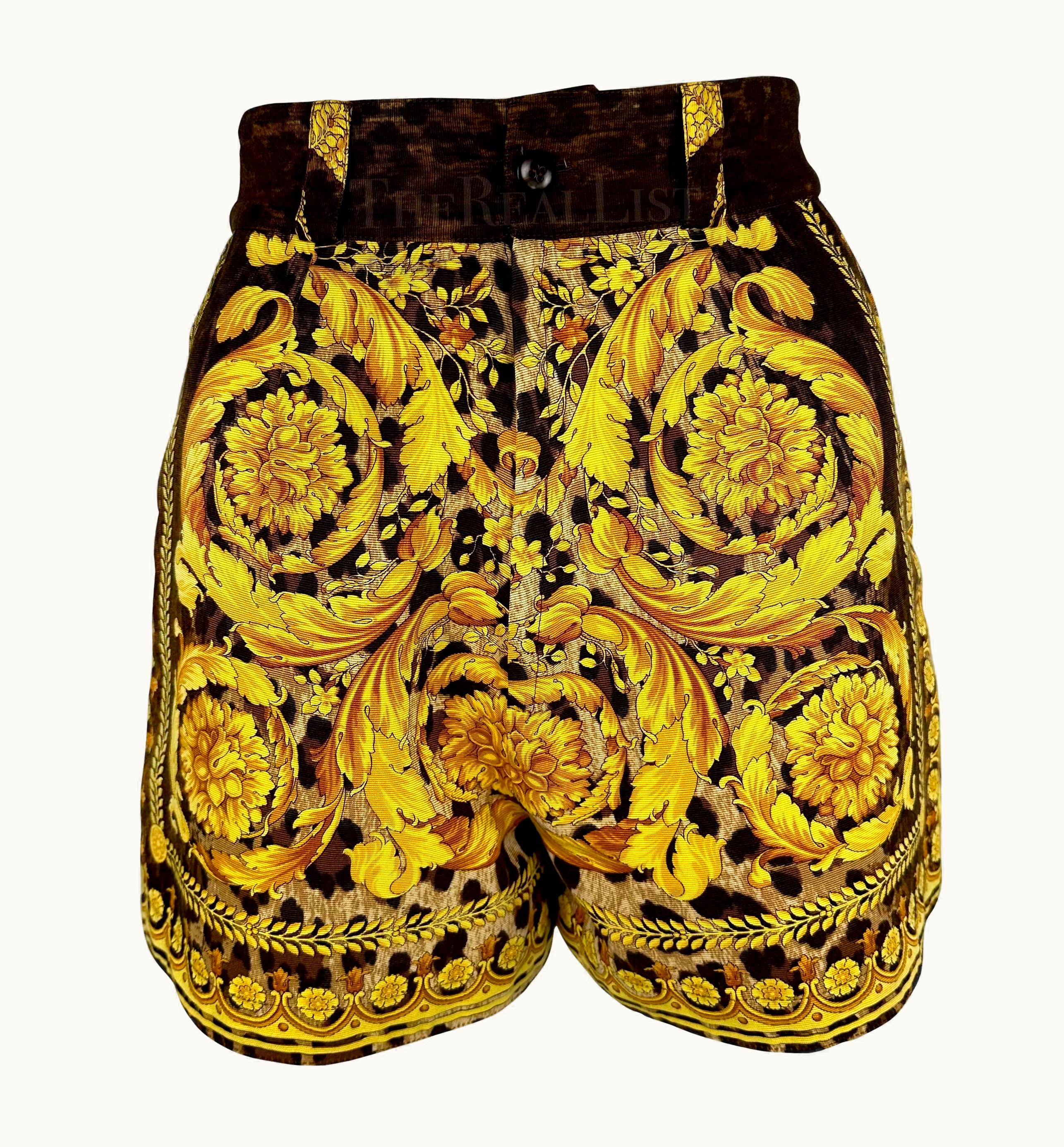 Gianni Versace Couture S/S 1992 Gianni Versace Runway Gold Baroque Leopard Print High Waisted Shorts