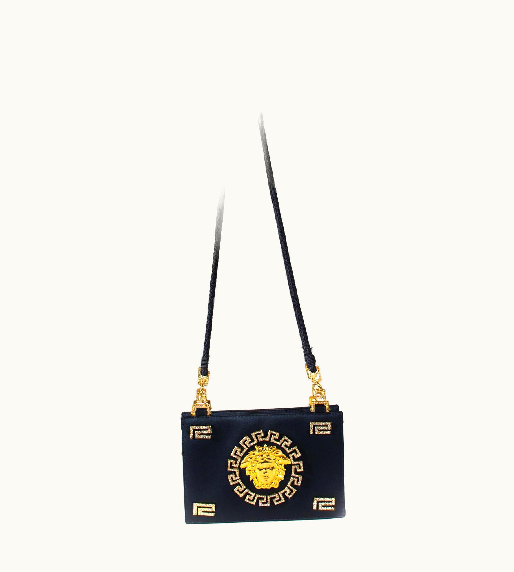 Gianni Versace Couture AW 1992 Gianni Versace Couture Black Satin Gold And Rhinestone Medusa Bag