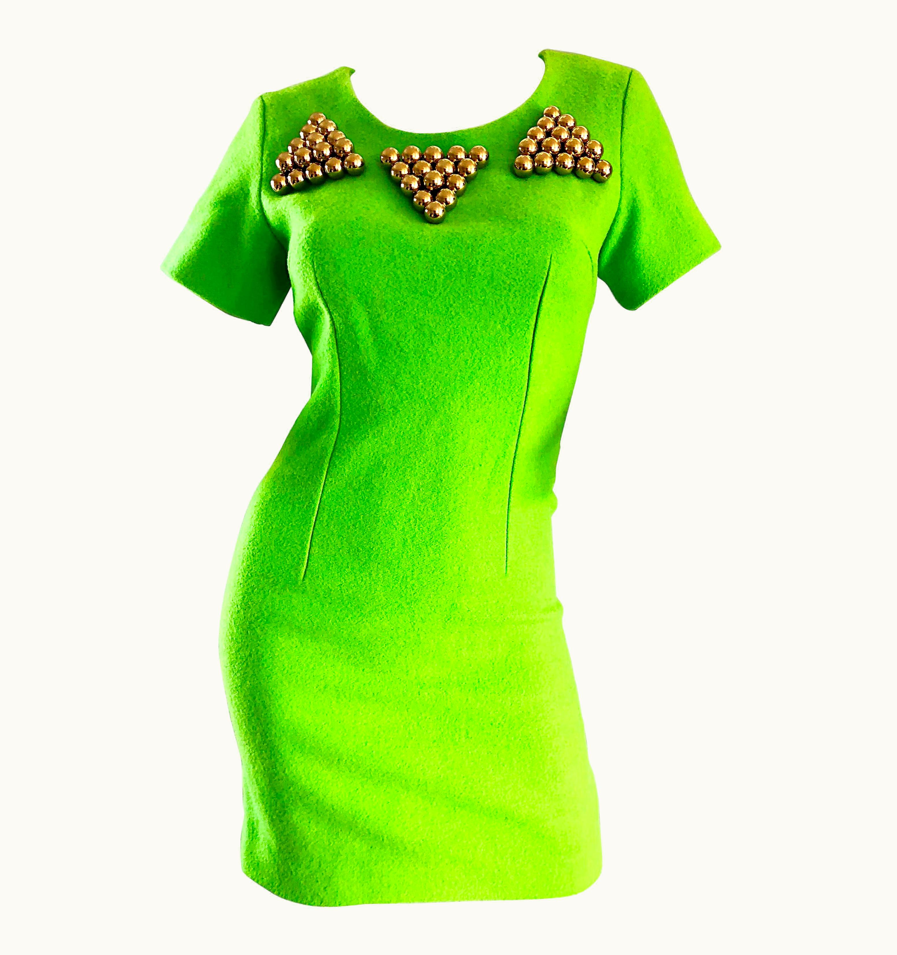 Gianni Versace Couture 1990s Gianni Versace Neon Lime Green Bodycon Wool Vintage 90s Mini Dress
