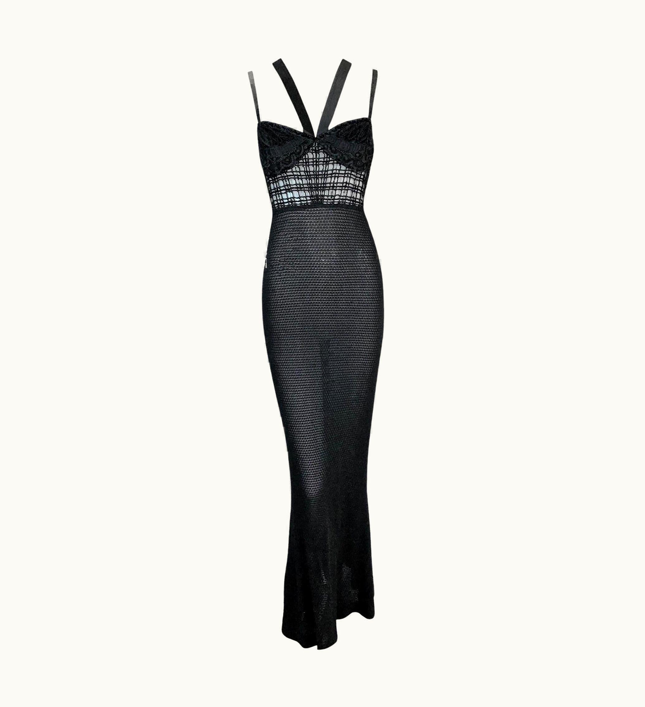 Gianni Versace Couture AW 1993 Gianni Versace Runway Bondage Sheer Black Knit Mesh Lace Gown Dress