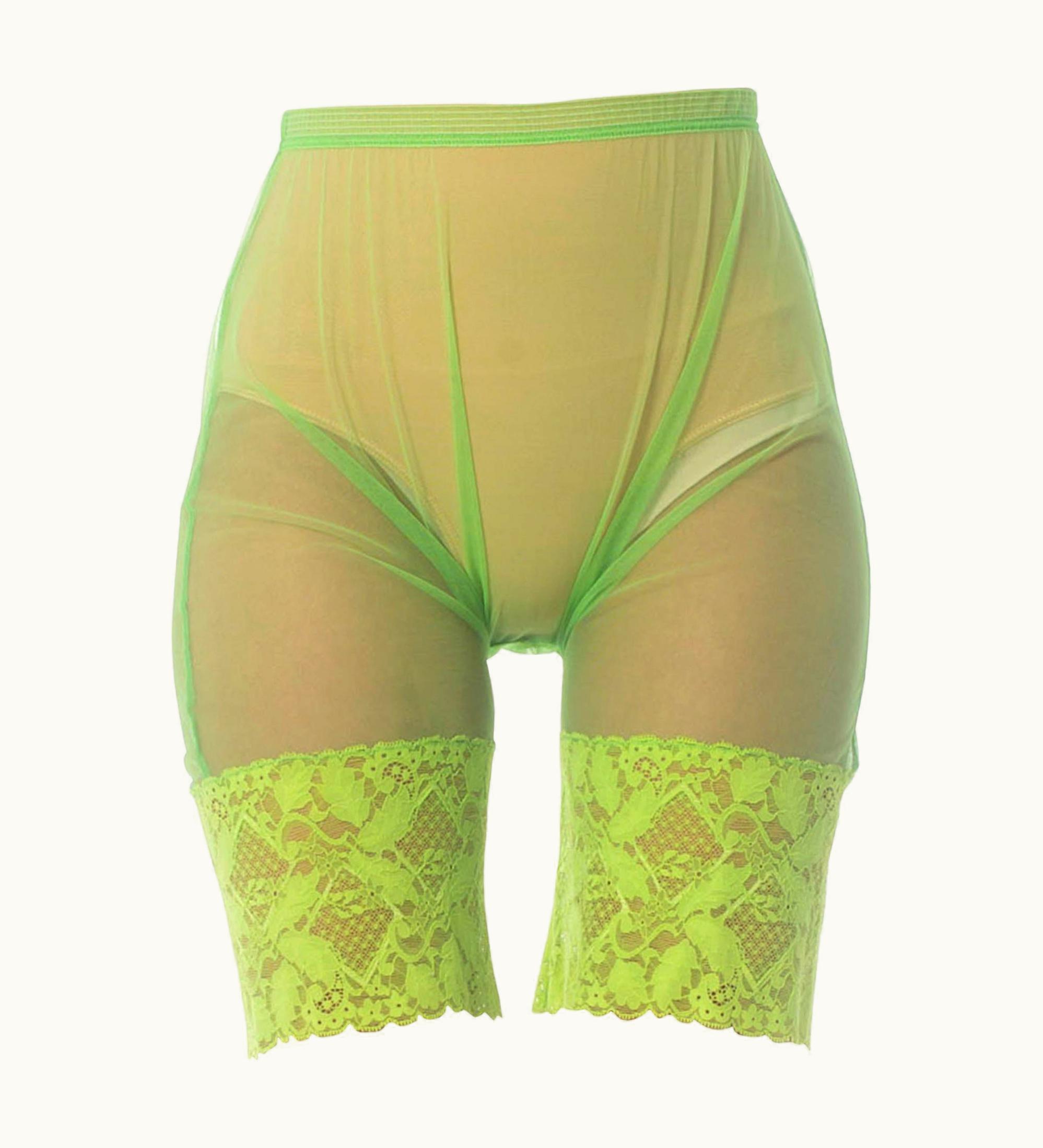 Gianni Versace Couture 1990s Gianni Versace Lime Green Nylon Net Sheer Bike Shorts With Lace Hem