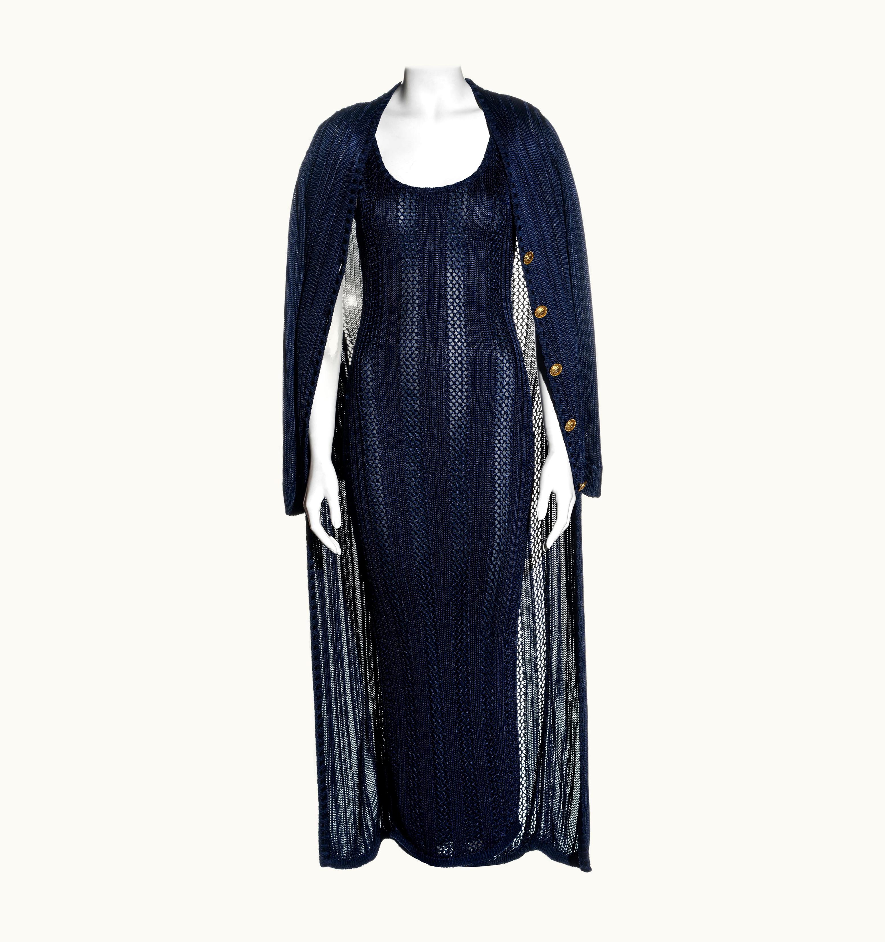 Gianni Versace Couture Gianni Versace Navy Blue Open-knit Bodycon Dress And Cardigan Set, AW 1993