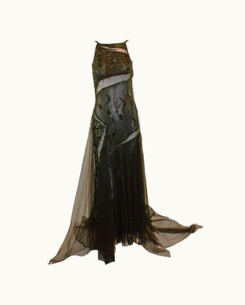 Gianni Versace Couture Vintage AW 1999 Gianni Versace Runway Sheer Beaded Black Silk Gown Dress