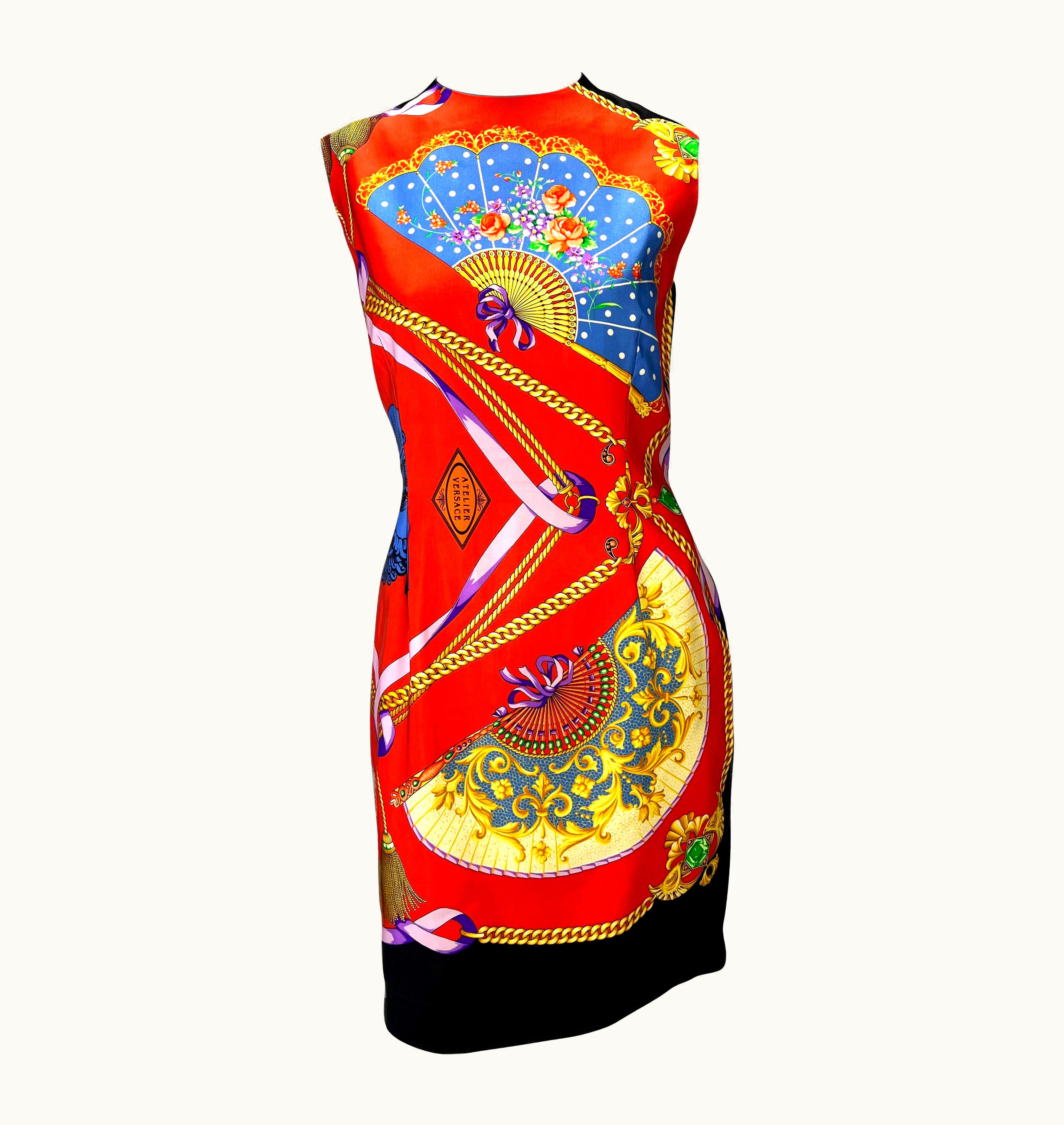 Gianni Versace Couture S/S 1991 Gianni Versace Couture Fan Atelier Print Red Silk Sleeveless Dress