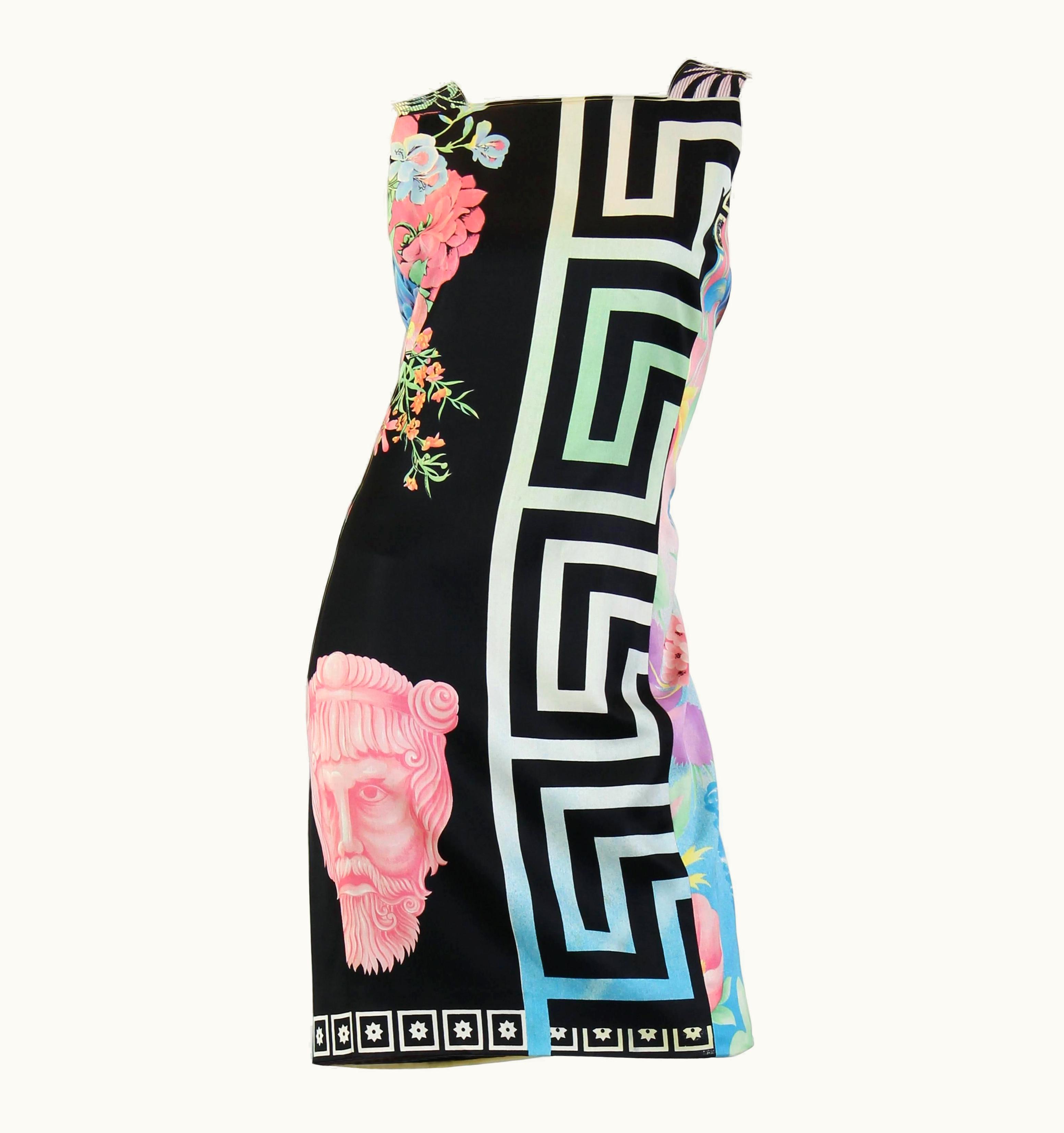 Gianni Versace Couture 1990s Gianni Versace Pastel & Black Wool Blend Sateen Tropical Floral Dress Wit