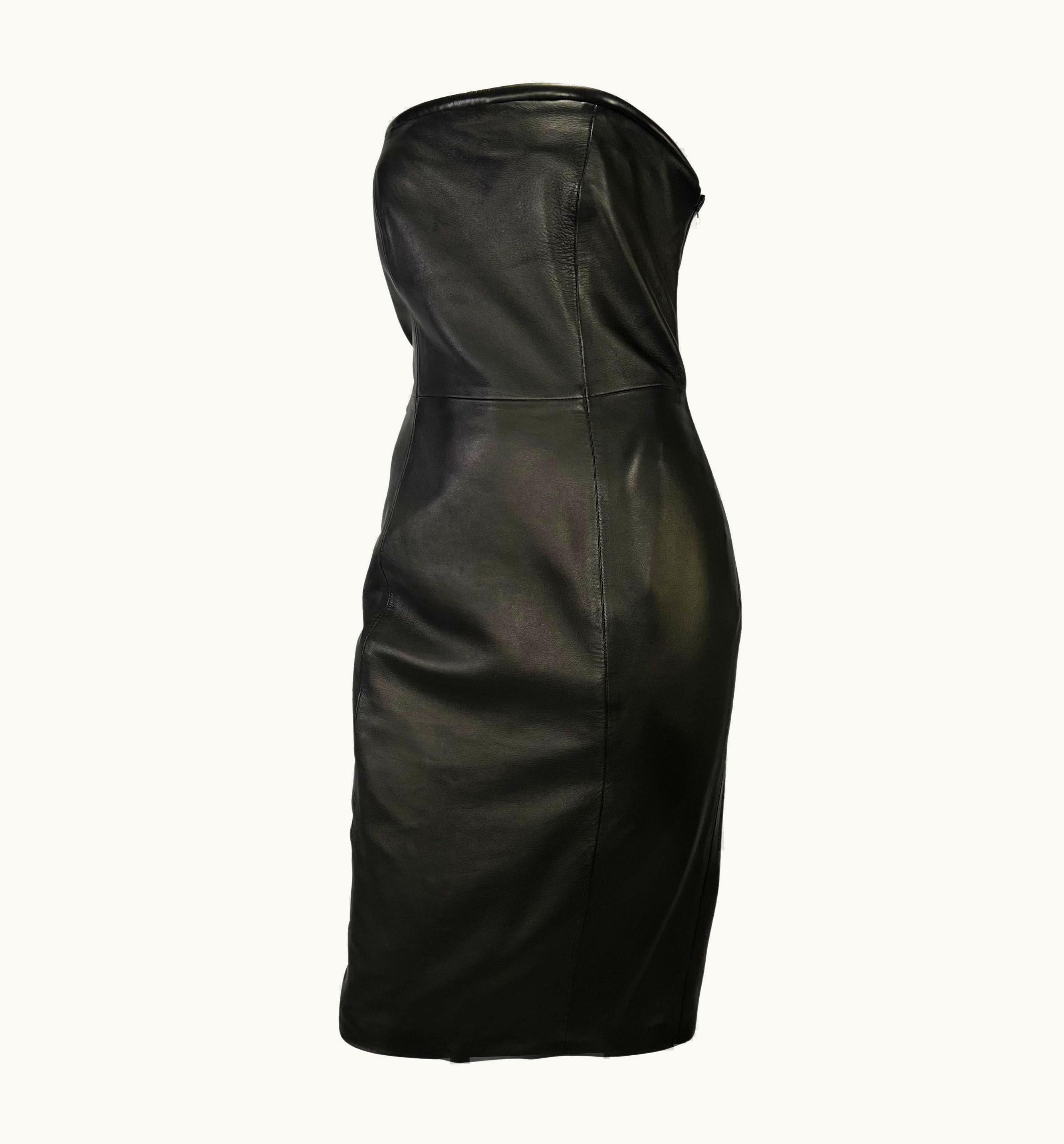 Gianni Versace Couture AW 1997 Gianni Versace Padded Neckline Black Leather Bodycon Tube Dress