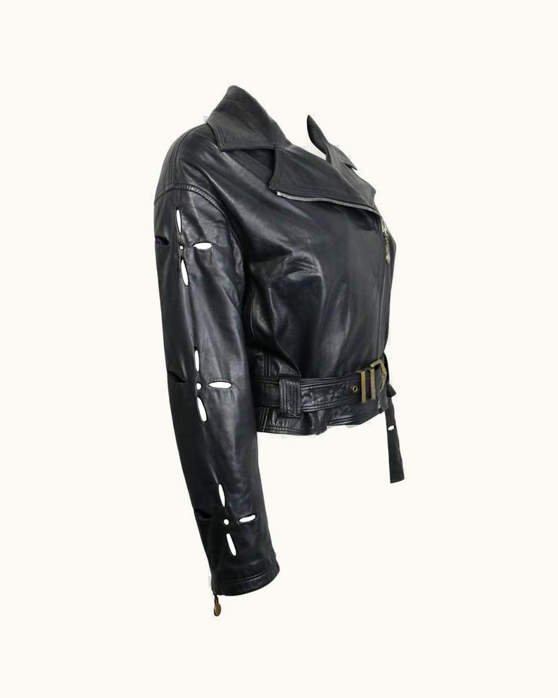 Gianni Versace Couture Istante By Gianni Versace Black Leather Biker Belted Jacket With Cutout Sleeves