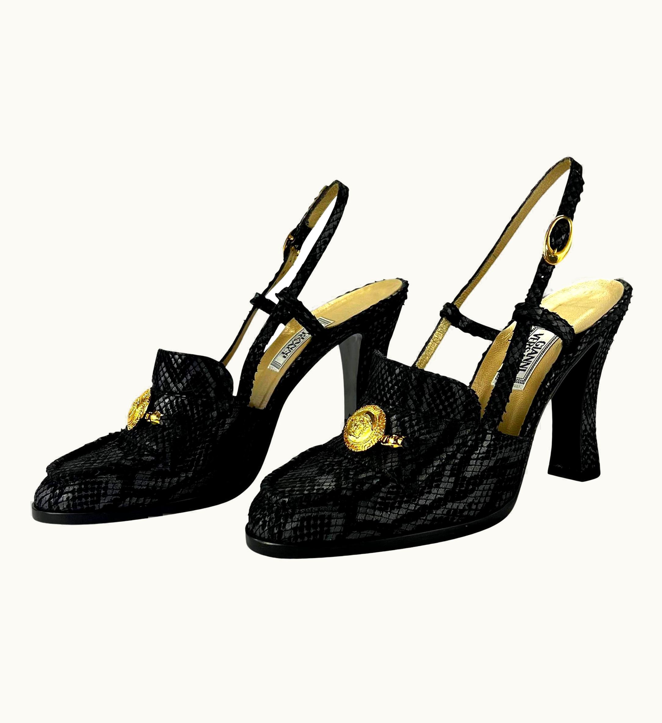 Gianni Versace Couture AW 1994 Gianni Versace Runway Medusa Black Snakeskin Loafer Sling Pump
