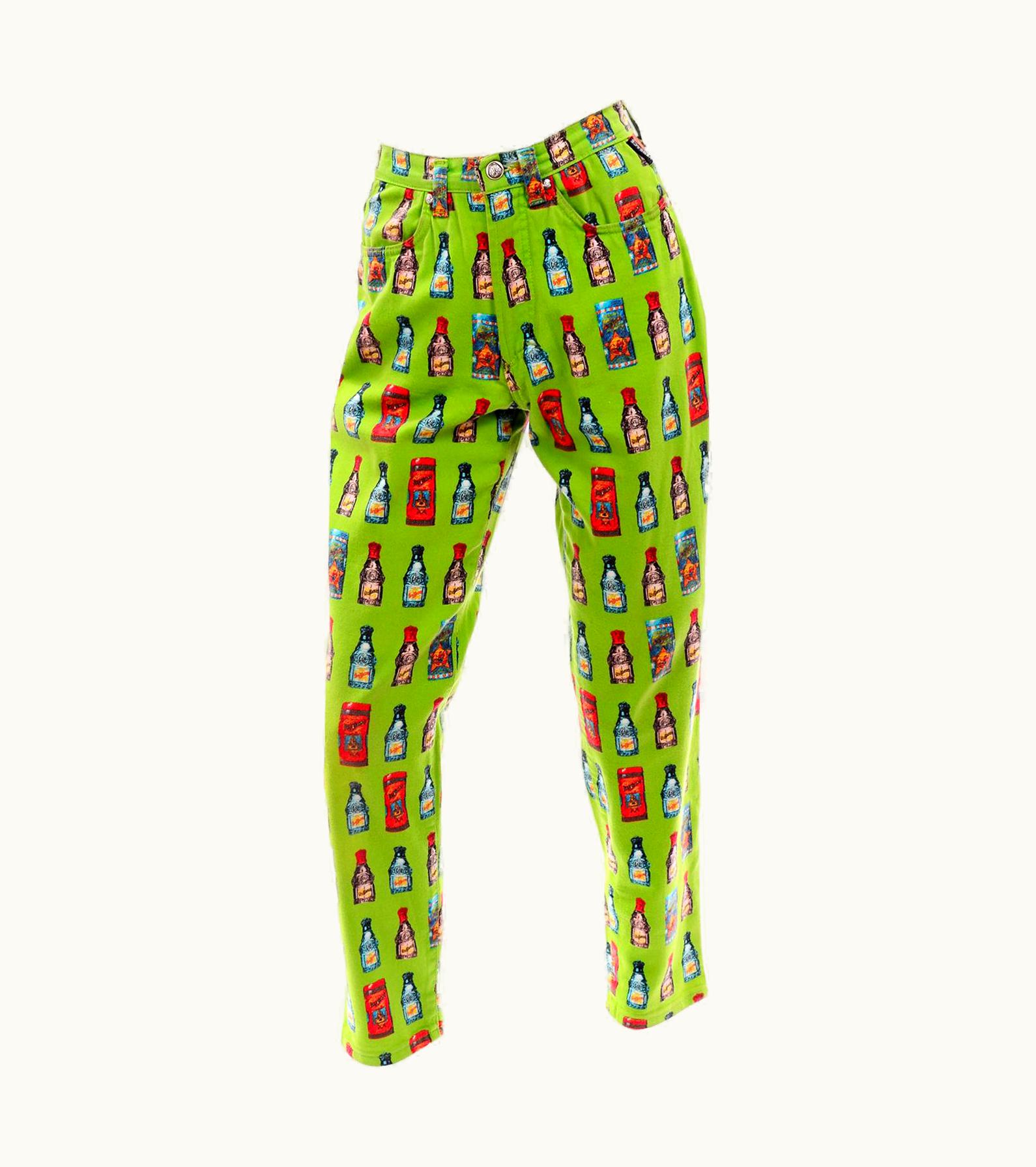 Versace 1990s Versace Jeans Couture Vintage Apple Green Bottle Print High Waist Pants