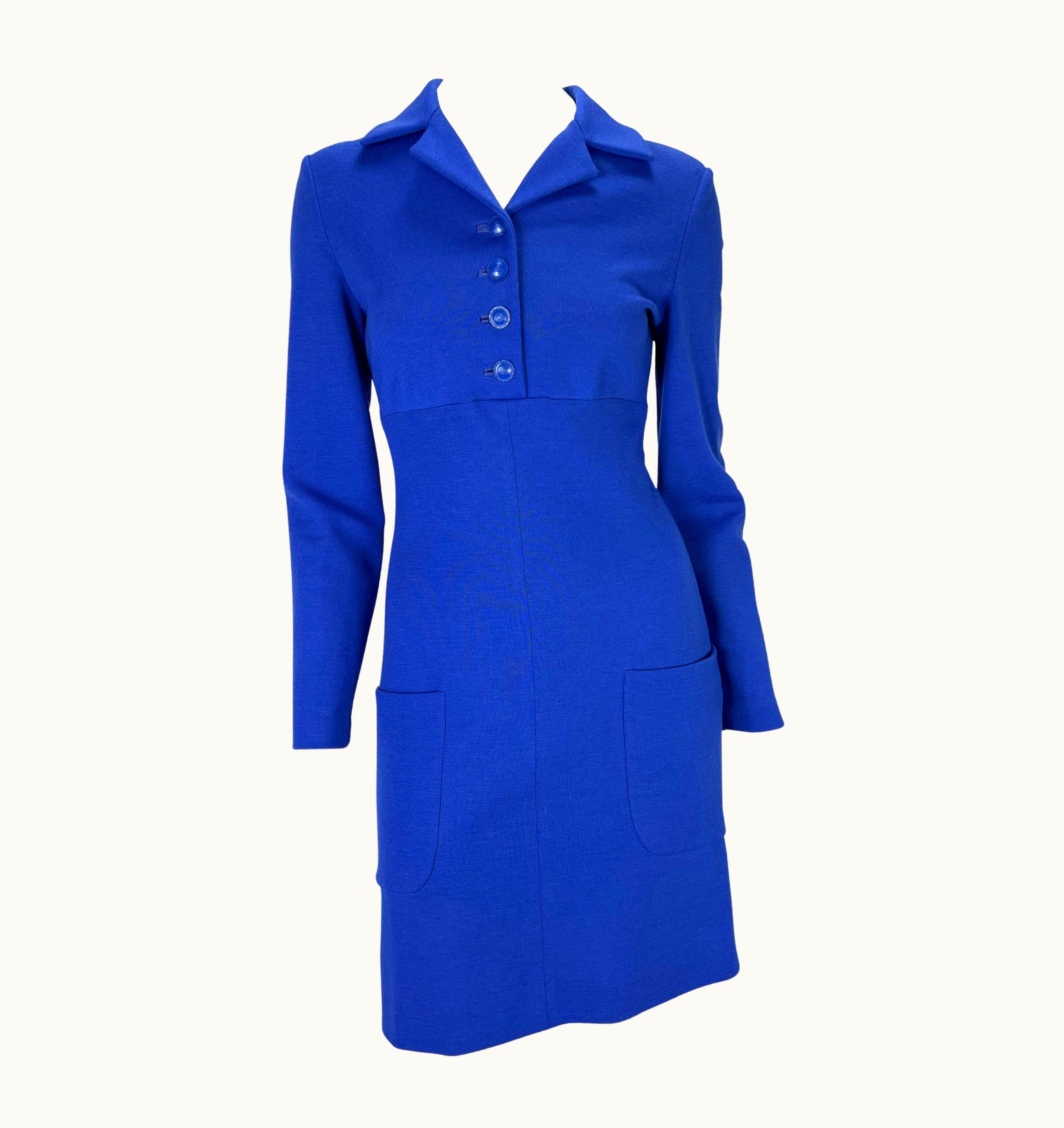 Gianni Versace Couture AW 1996 Gianni Versace Couture Royal Blue Wool Medusa Cinched Button Dress