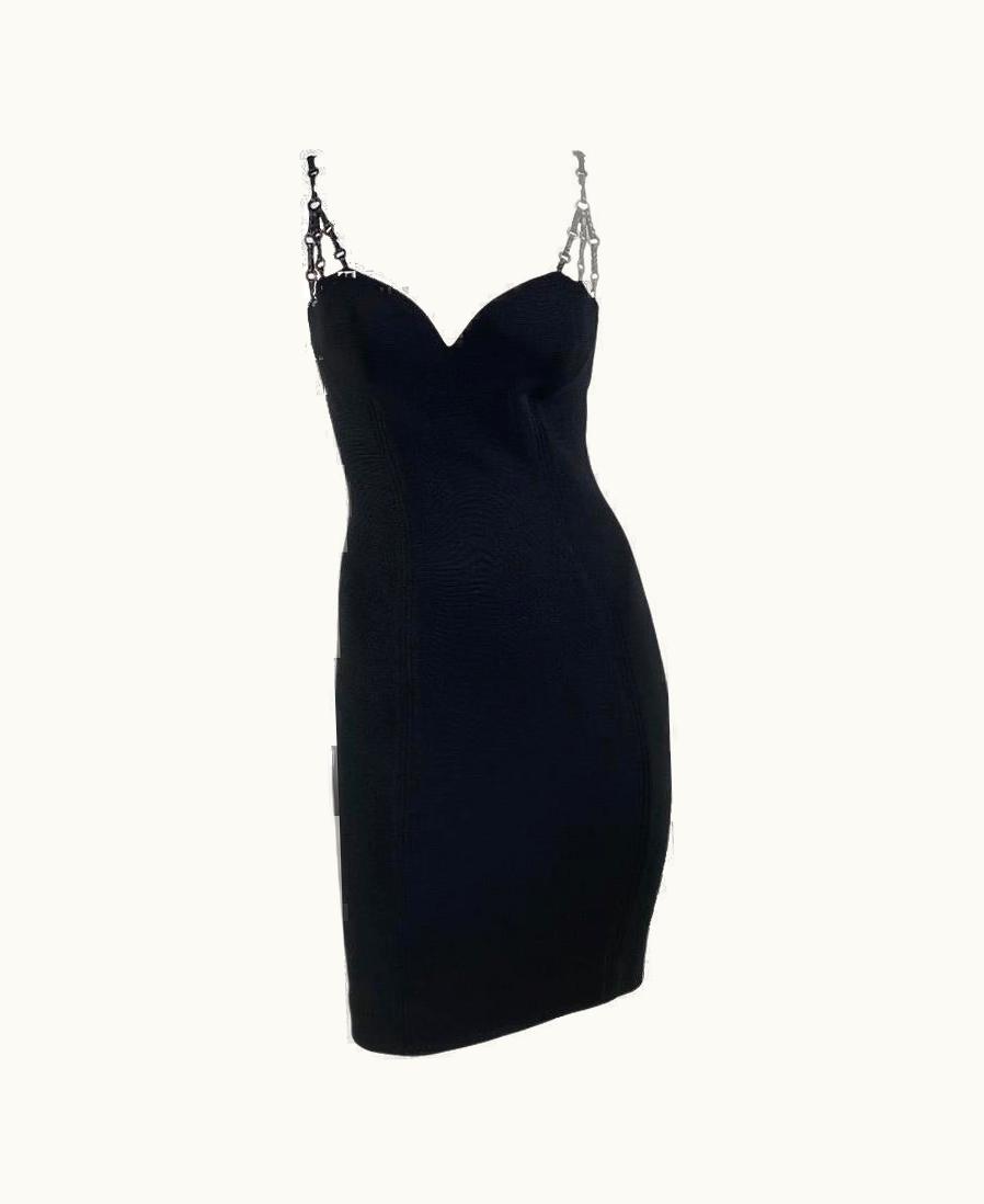 Gianni Versace Couture S/S 1995 Gianni Versace Couture Black Bodycon Stretch Dress Leather Metal Ring