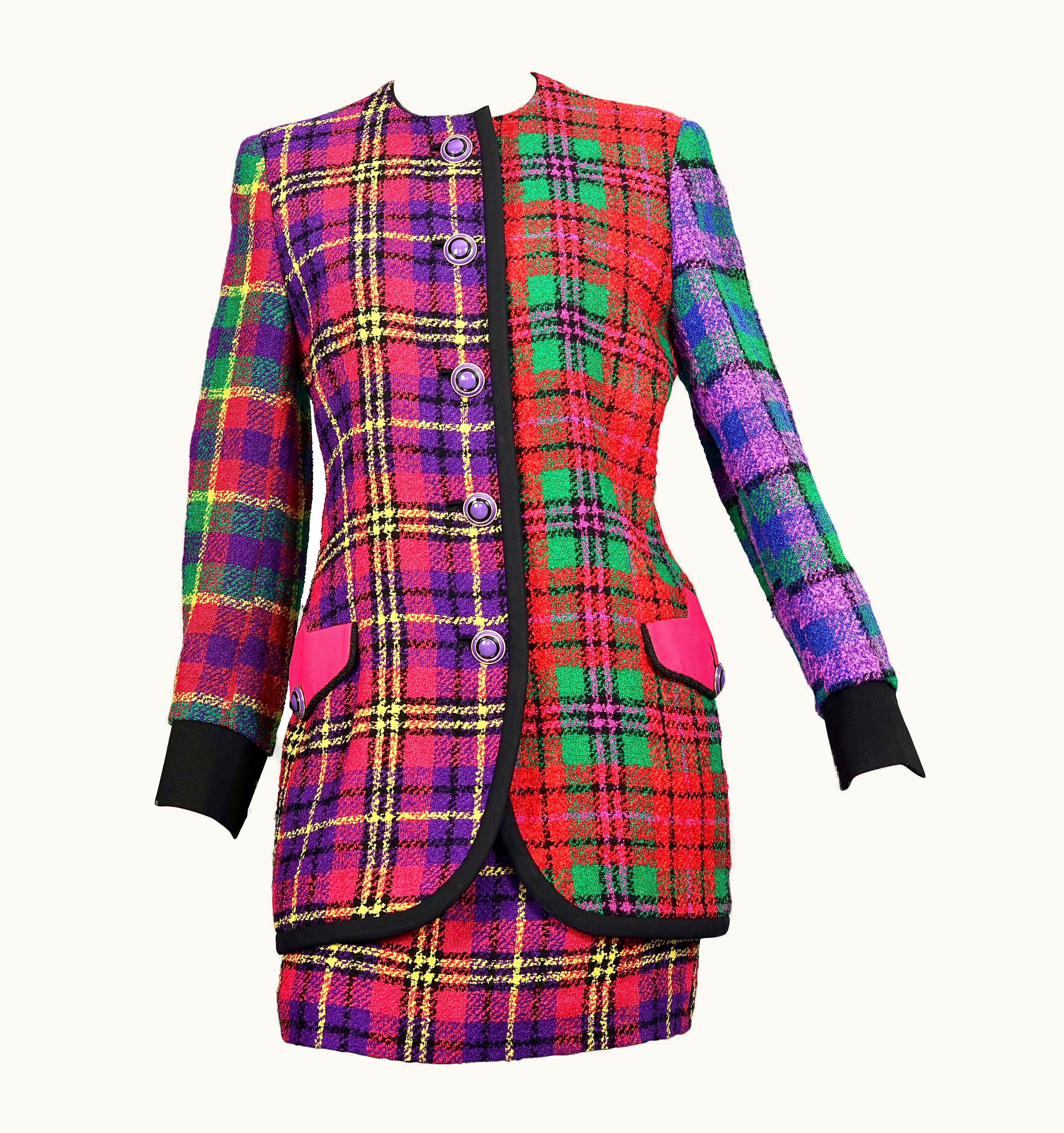 Gianni Versace Couture Vintage 1991 AW Gianni Versace Couture Plaid Tartan Patchwork Jacket Skirt Suit