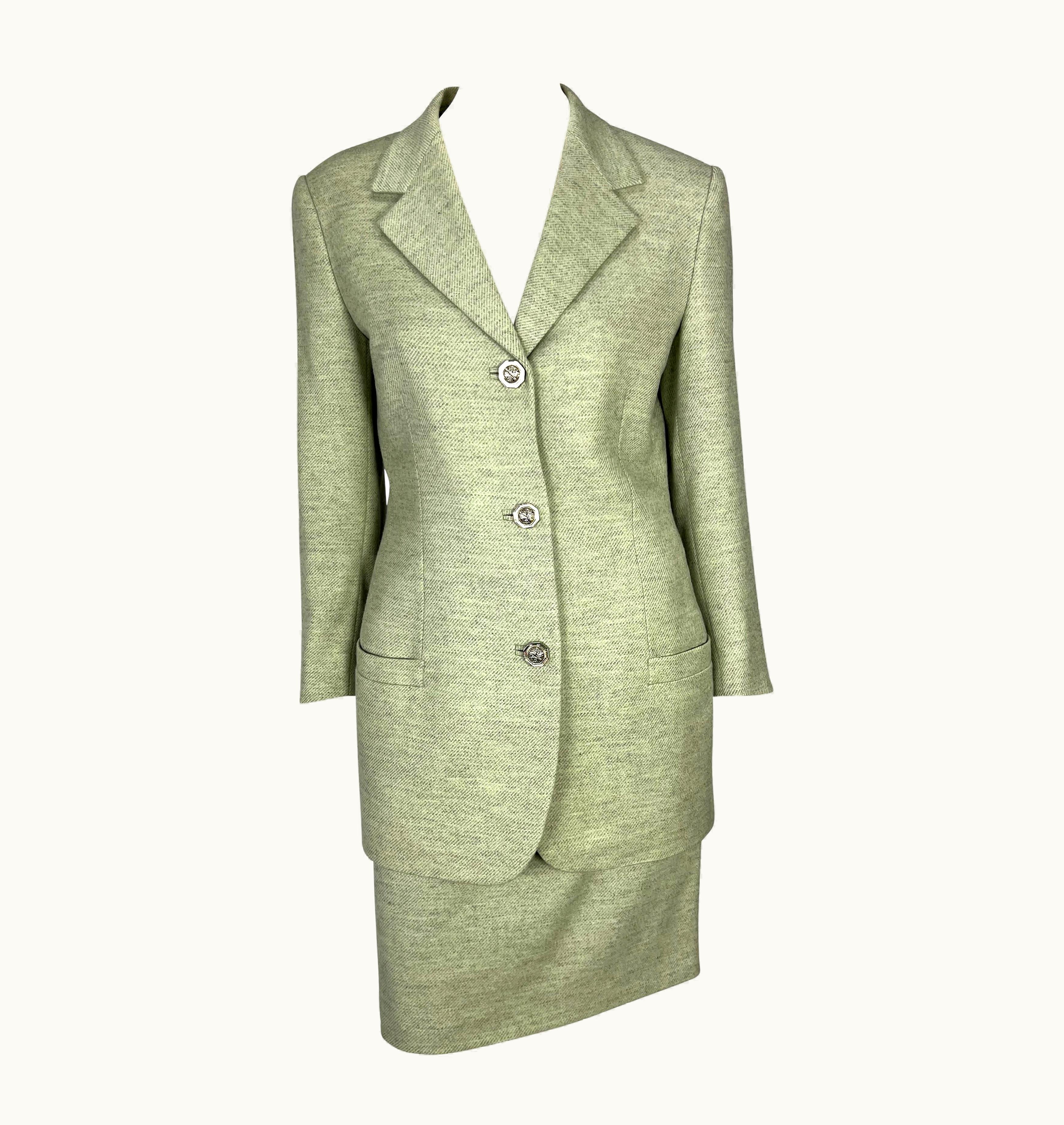 Gianni Versace Couture 1994 Gianni Versace Couture Medusa Hardware Green Wool Cashmere Skirt Suit