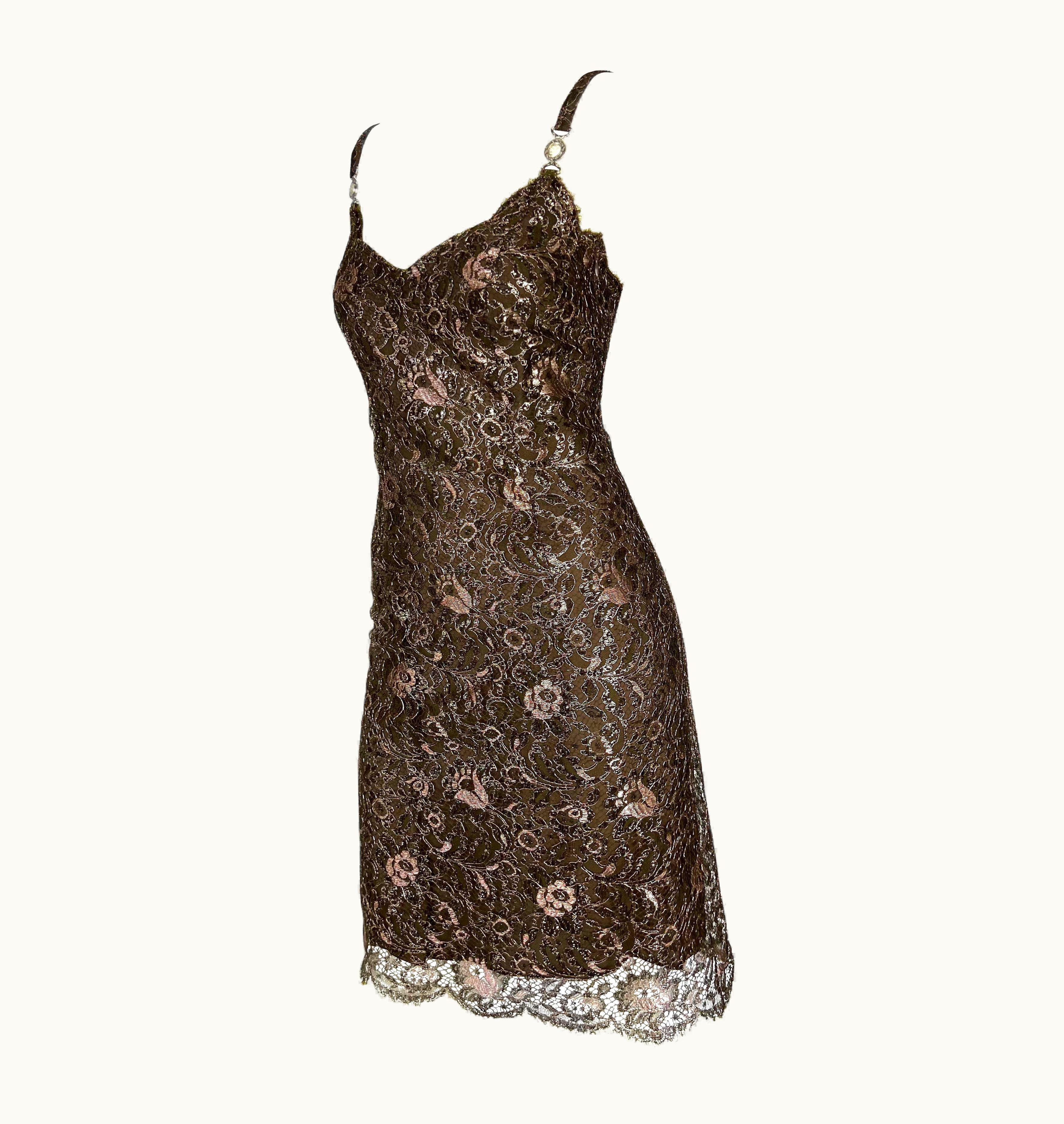 Gianni Versace Couture AW 1996 Gianni Versace Couture Metallic Brown Floral Lace Medusa Mini Dress